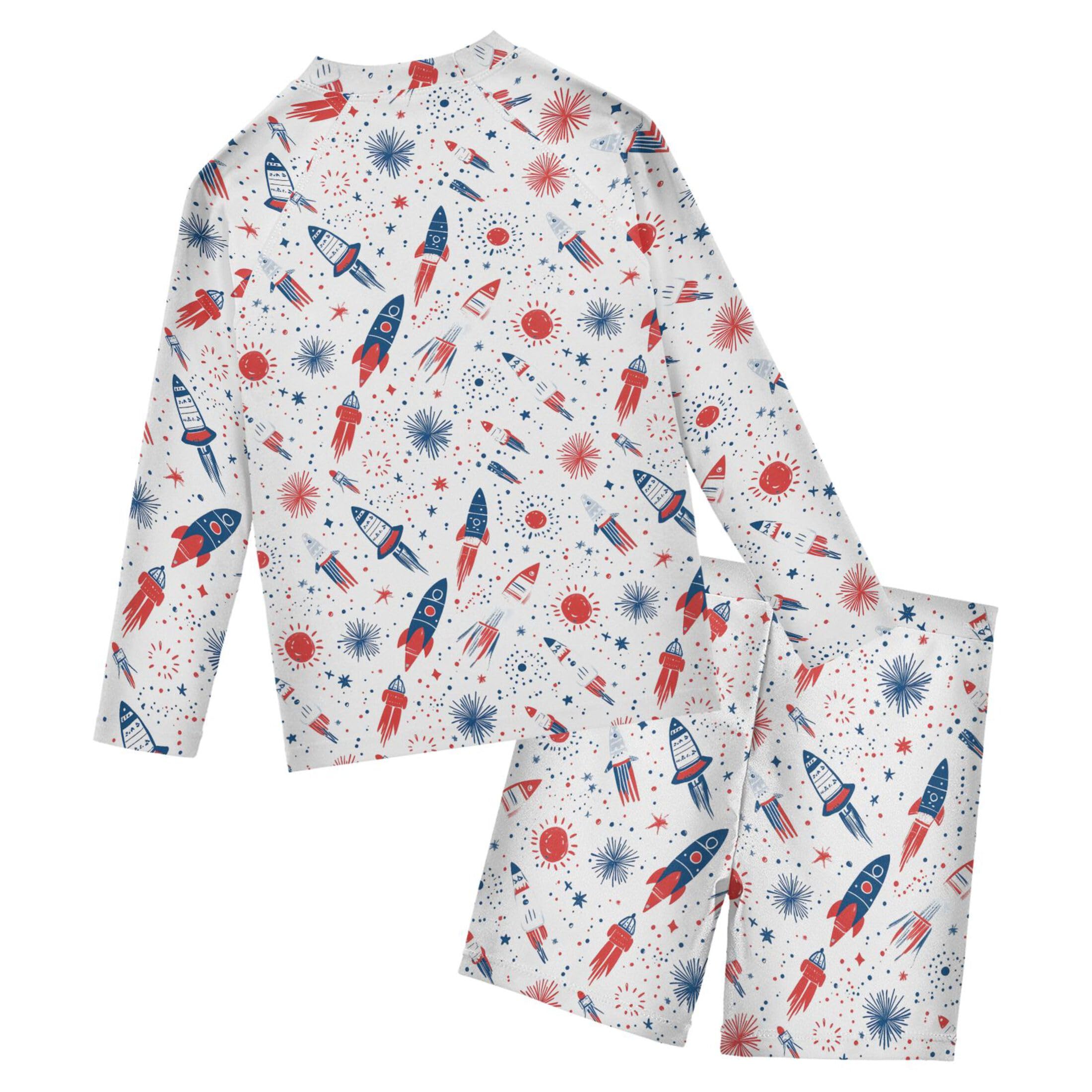 July 4th Independence Day Rocket Baby Boys' Toddler Long Sleeved Rashguard Swim Bathing Suit Set B0404582