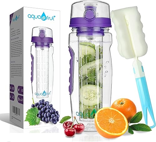 AquaFrut, botella de agua para infusiones de fruta de 32 oz, (múltiples colores), libre de BPA. Botella deportiva para líquidos con tapa de apertura