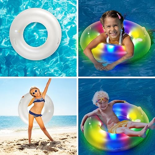 Miniatura 7 de Flotadores inflables de piscina flotadores de piscina de 22 pulgadas para niños con luces LED anillos de natación LED transparentes con asas