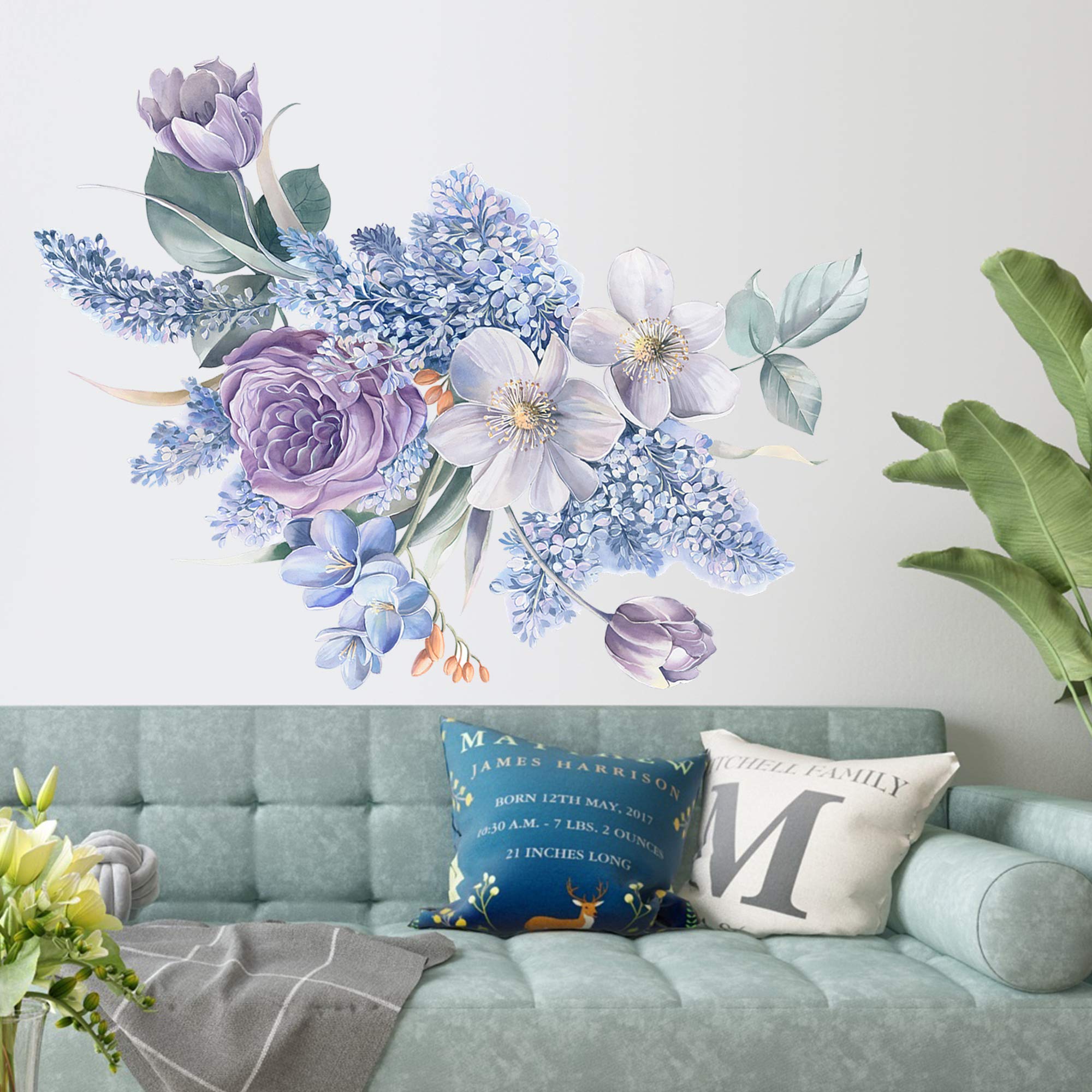 Blue Peony Flower Wall Decals Watercolor Peonies Wall Stickers Vintage Rose Blossom Floral Wall Art Mural for Girls Room Bedroom Living Room Sofa TV Background Nursery Kitchen Office