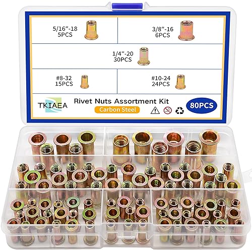 Kit de tuercas de remache 80 piezas de tuercas remachadas chapadas en zinc de acero al carbono, surtido de remaches roscados de cabeza plana