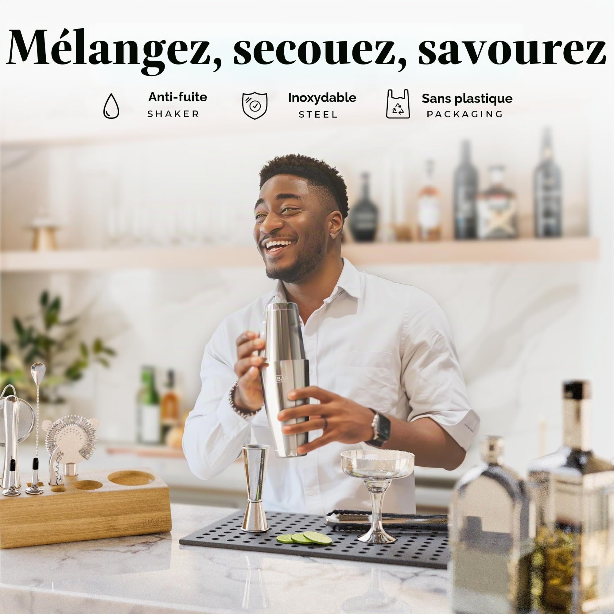 Kit de cocktail Pro | Kit de barman Mixology | Ensemble de 14 shaker à cocktail | Accessoires Martini Home Bartending Bar | Avec 35 cartes de recettes | Coffret cadeau (800 ml/28 oz Boston Shaker