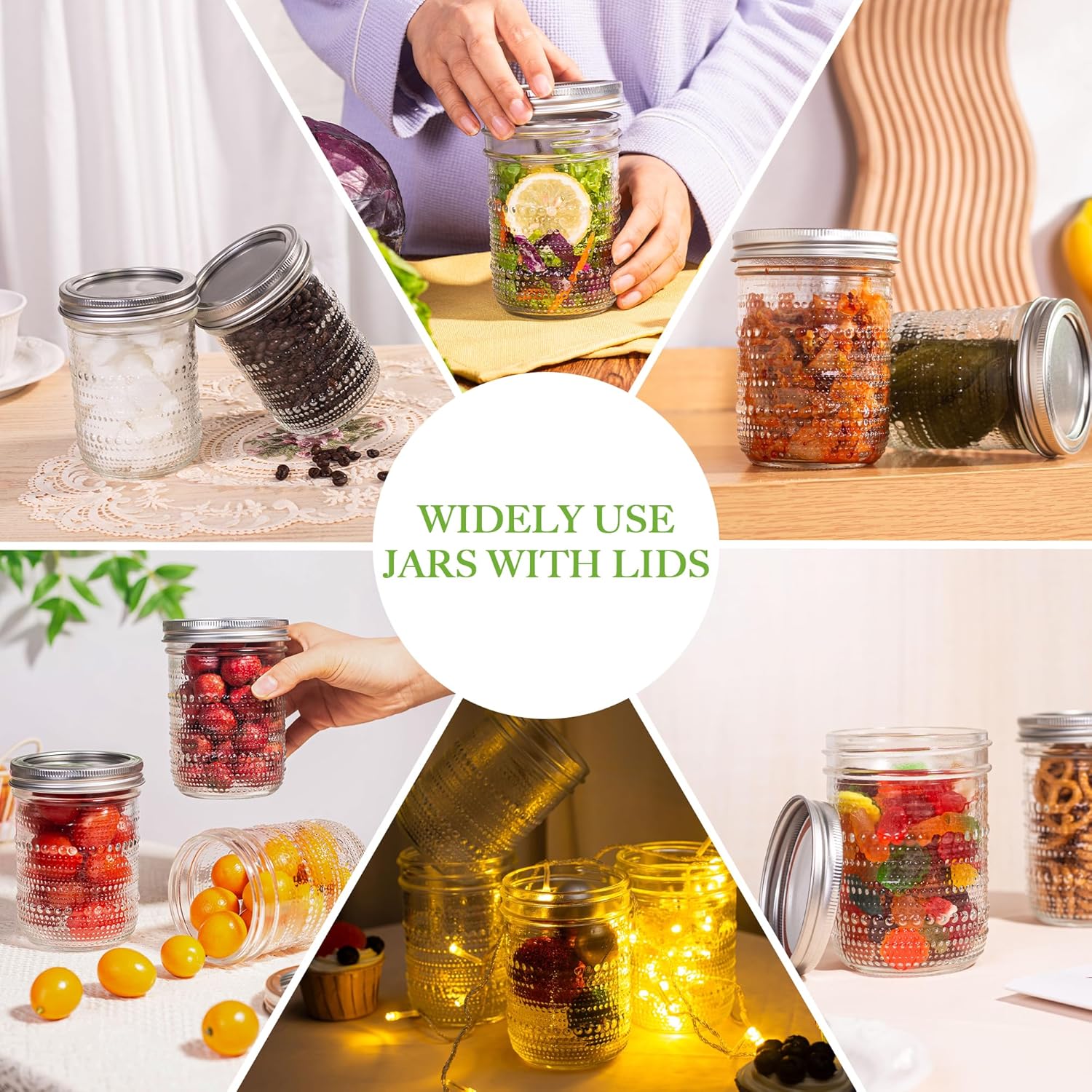WACOI Mason Jars 16 Oz with Lids 6 Packs, Vintage Wide Mouth Glass Canning Jar for Pickling, Fermenting, Storing, Canning, Home Decor, Salad Jam and DIY Crafts