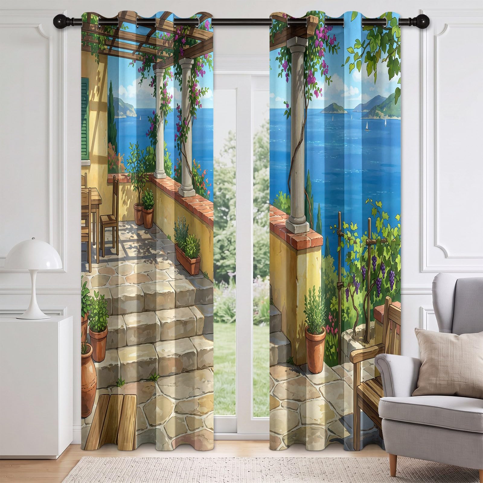 Générique Śródziemnomorskie zasłony na taras, 100% termiczne, zaciemniające przelotki, ochrona przed gorącem, 2 panele, 140 x 180 cm, nieprzezroczysta zasłona oceanowa, ochrona przed zimnem i ciepłem