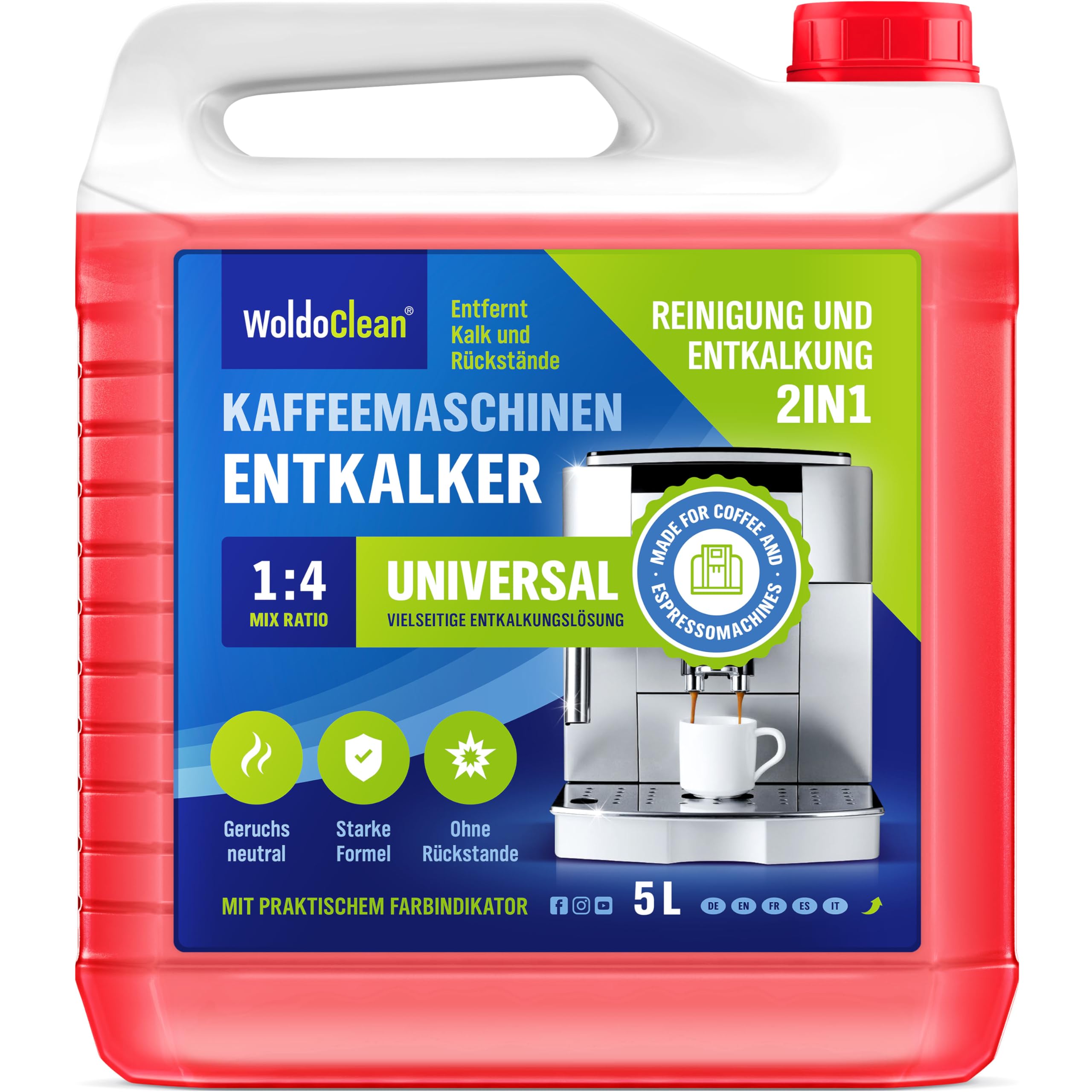 WoldoClean 2in1 Universal Entkalker Kaffeevollautomat 5L Flüssig - Kaffeemaschinen Entkalker mit Farbindikator, Flüssigentkalker für 40 Anwendungen