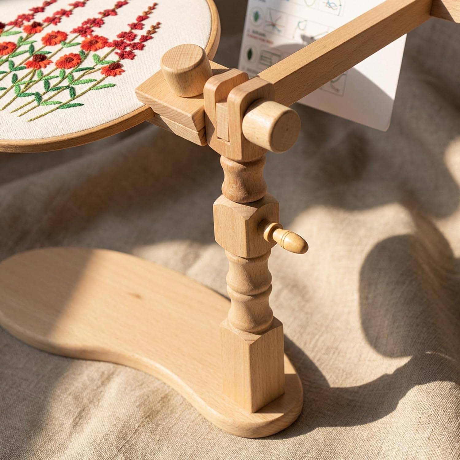 Beech Wood Embroidery Hoop Stand, Adjustable 360° Rotate Cross Stitch Needlepoint Stand Wooden Sitting Embroidery Hoop Frame