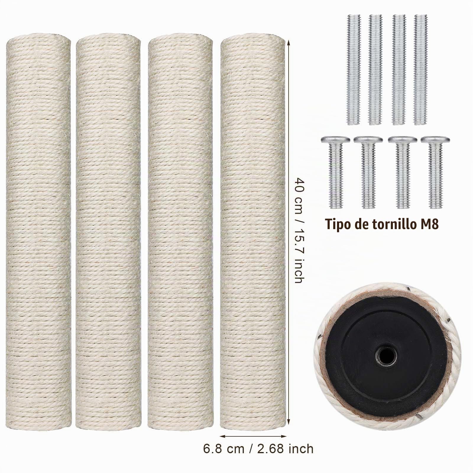 4 Poste de Repuesto Rascador Gato, 40 cm de Repuesto para Poste de Rascador de Gato con Tornillos M8 Poste de Rascador para Árbol de Gato Sisal para Gatitos Torre de Árbol de Gato