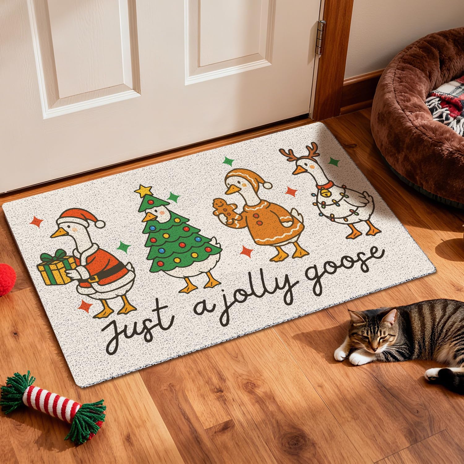 Christmas Goose Door Mat,Cute Festive Goose Santa Christmas Tree Mats for Home Outdoor Indoor Entrance,Beige Winter Holiday Xmas Doormat for Front Door Porch Entryway,17x30 Inches