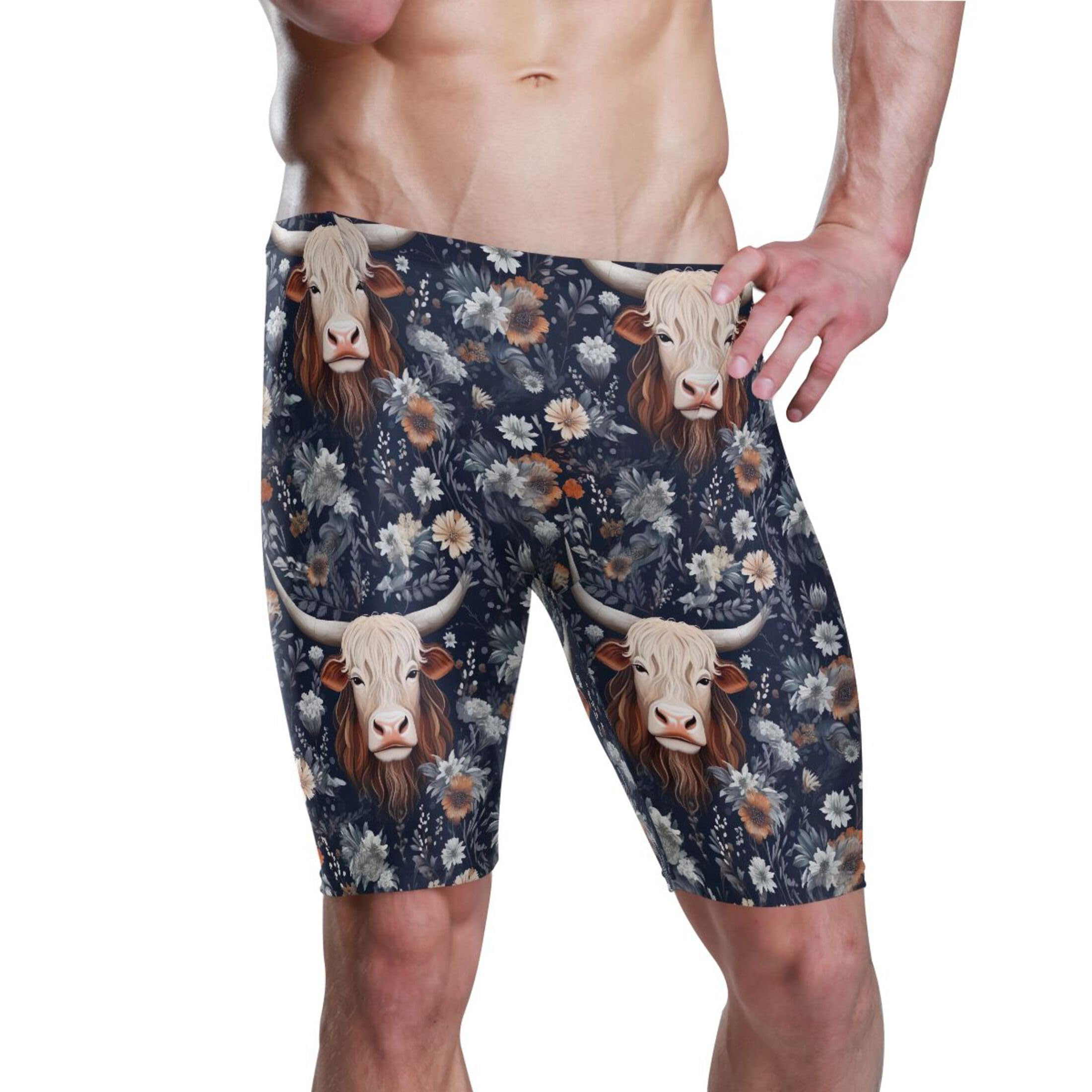 Highland Cow Flowers Animal Men's Swim Jammers Swimsuit M B0403264