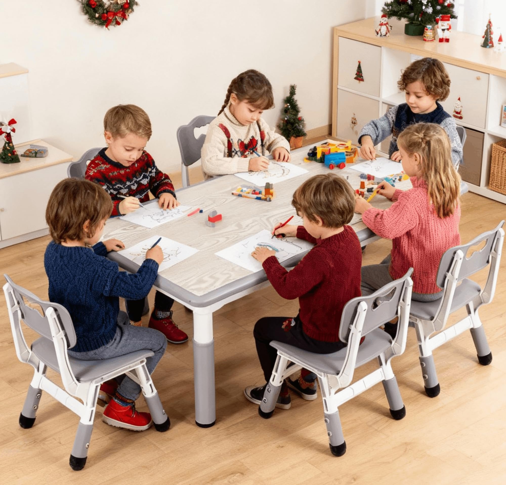 Clevich Kindertisch mit 6 Stühlen,Kinder Tisch Stuhl Set für Kindergarten und Kinderzimmer,Kindertischgruppe Höhenverstellbar,Plastik Kindermöbel,Sitzgruppe für Jungen Mädchen,Grau