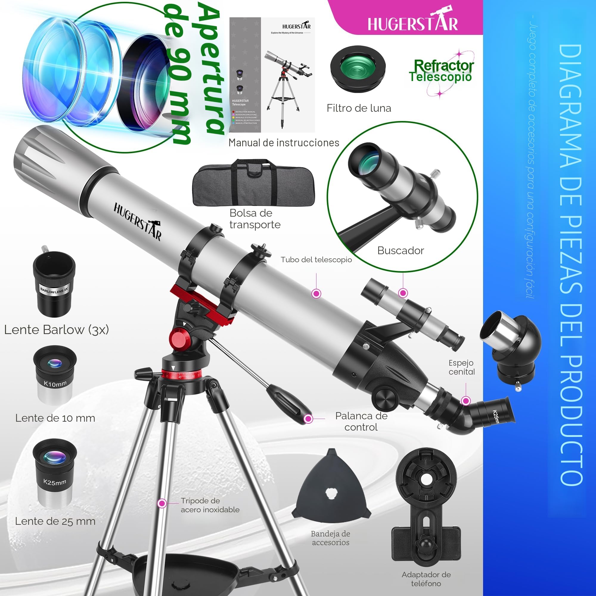 Telescopio Astronómico Adultos Profesional, 90 mm Apertura 900 mm (36X-270X) Portátil Refractor Telescopio para Niños y Principiantes con Trípode, Adaptador de Teléfono, Filtro Lunar y Bolsa