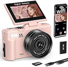 FLATIC Cámara digital, cámaras 5K 75MP para fotografía con WiFi y tarjeta TF de 64 GB, cámara de vlogging automático para YouTube con pantalla abatible de 180°, kit de cámara compacta de viaje para