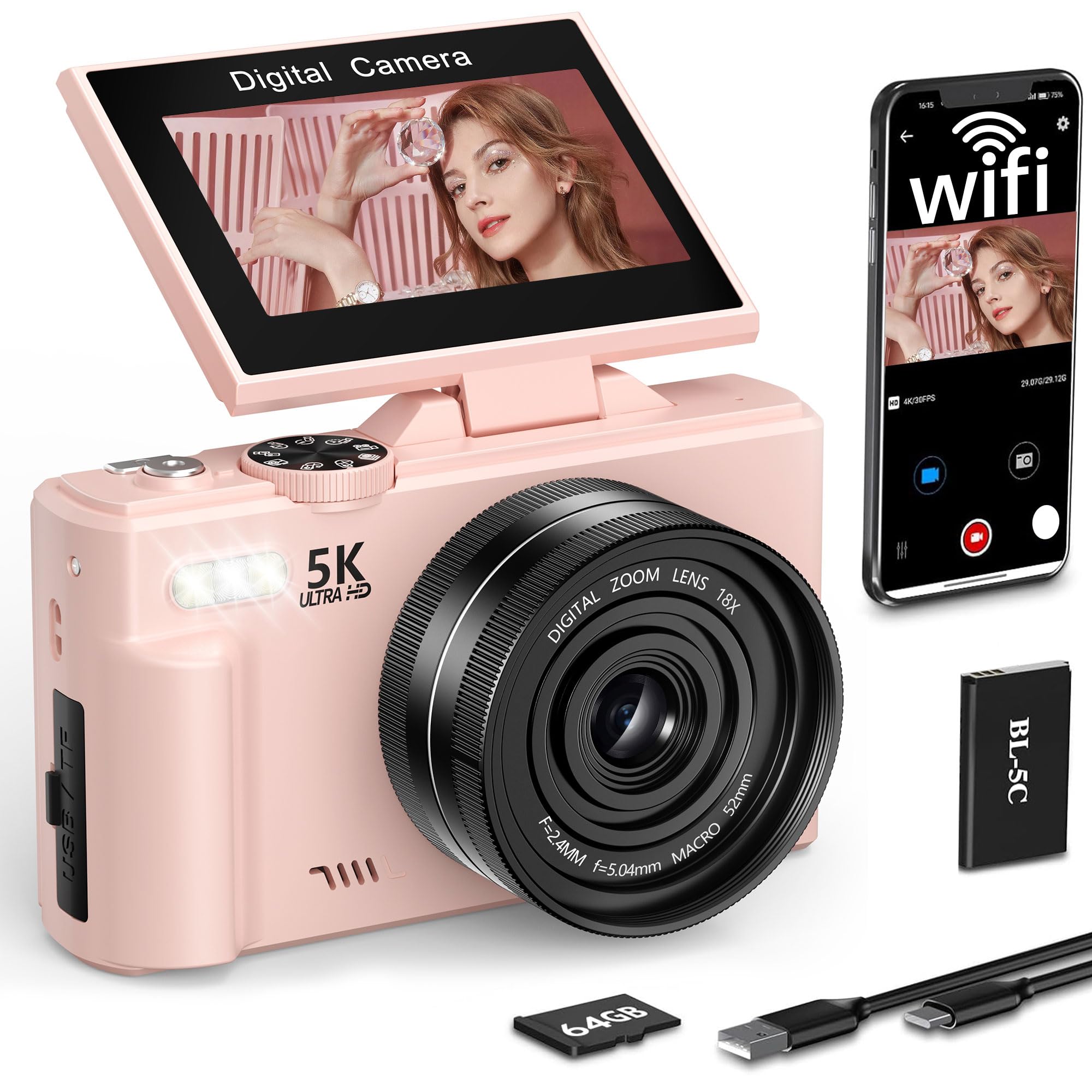 FLATIC Digital Camera, 5K 75MP Cameras for Photography with WiFi & 64GB TF Card, Autofoucs Vlogging Camera for YouTube with 180° Flip Screen, Compact Vlog Travel Camera Kit for Beginner, Teens, Pink