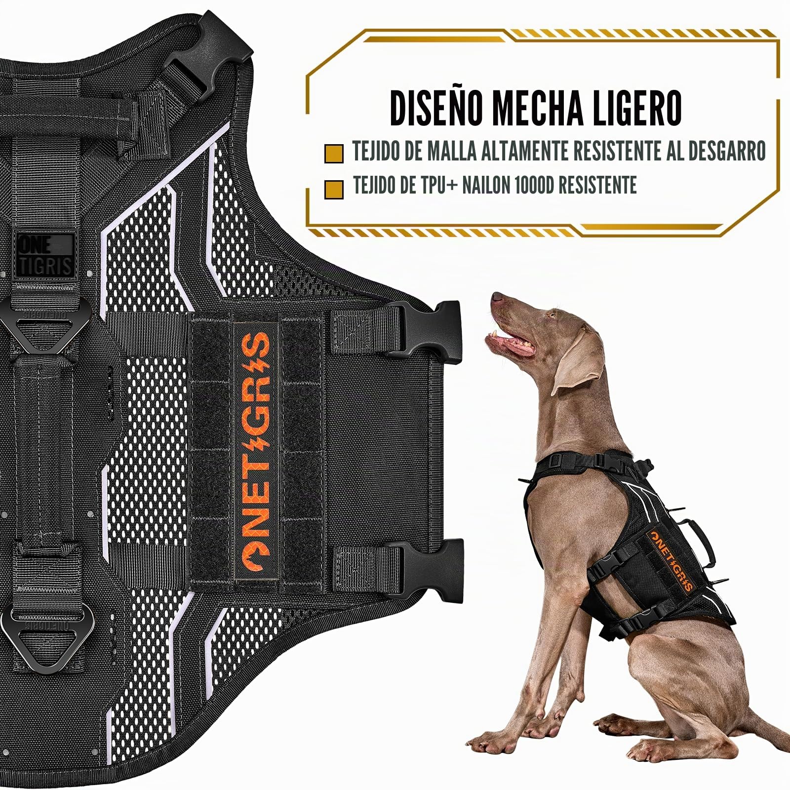 OneTigris Arnés Pecho Antitirones Perros, Aire Armor Mesh Arnés Perro Reflectante Ajustable, Táctica Arnes Perro Grande Mediano, con 2 Asas y 3 Anillos, con Sistema Molle - Negro L