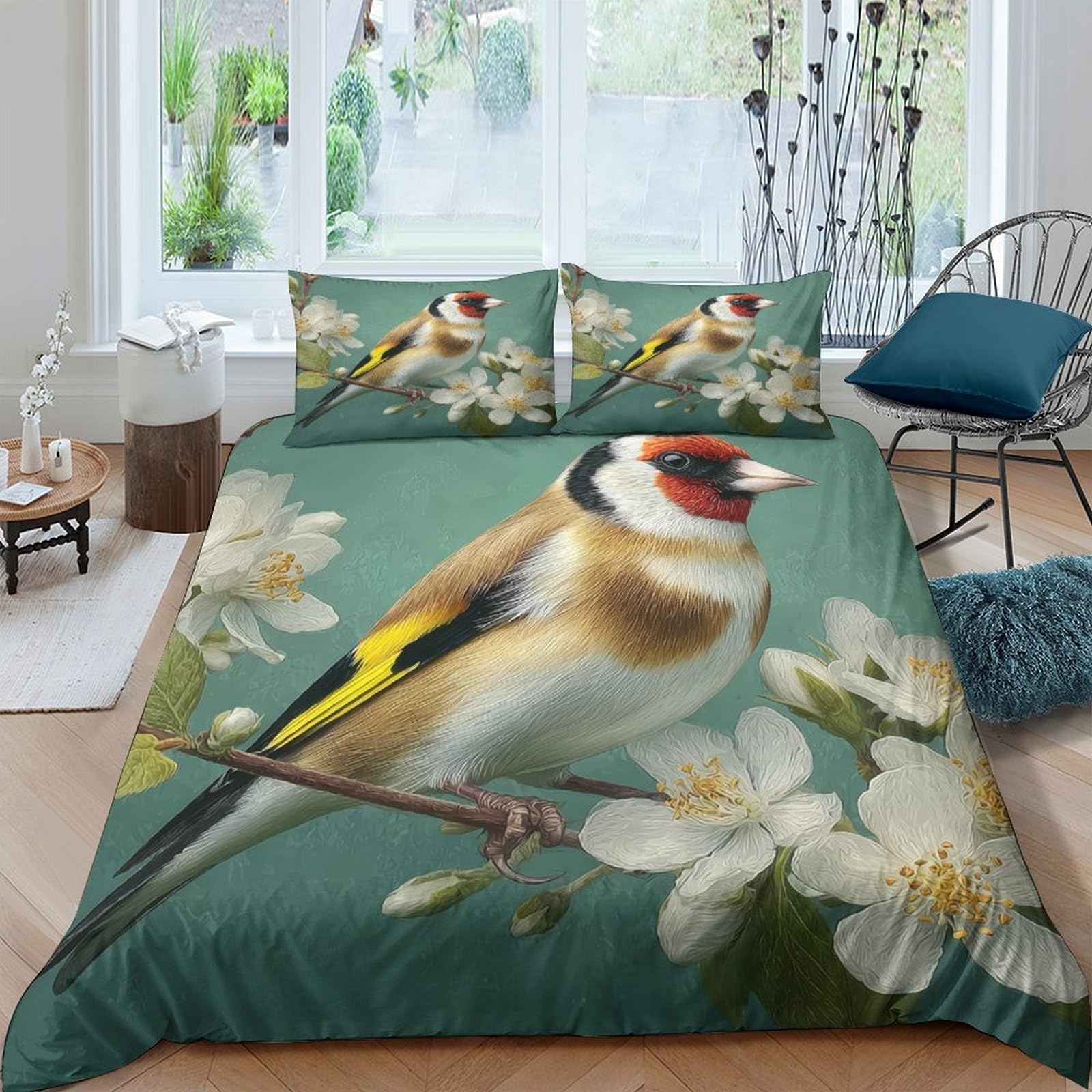 Ctjqhvkz Style-8 3D Printed Goldfinch Blossom Fitted Sheet Microfiber Soft Decorative Bird Floral Bed Cover For Bedroom Dorm Single（135X200cm）