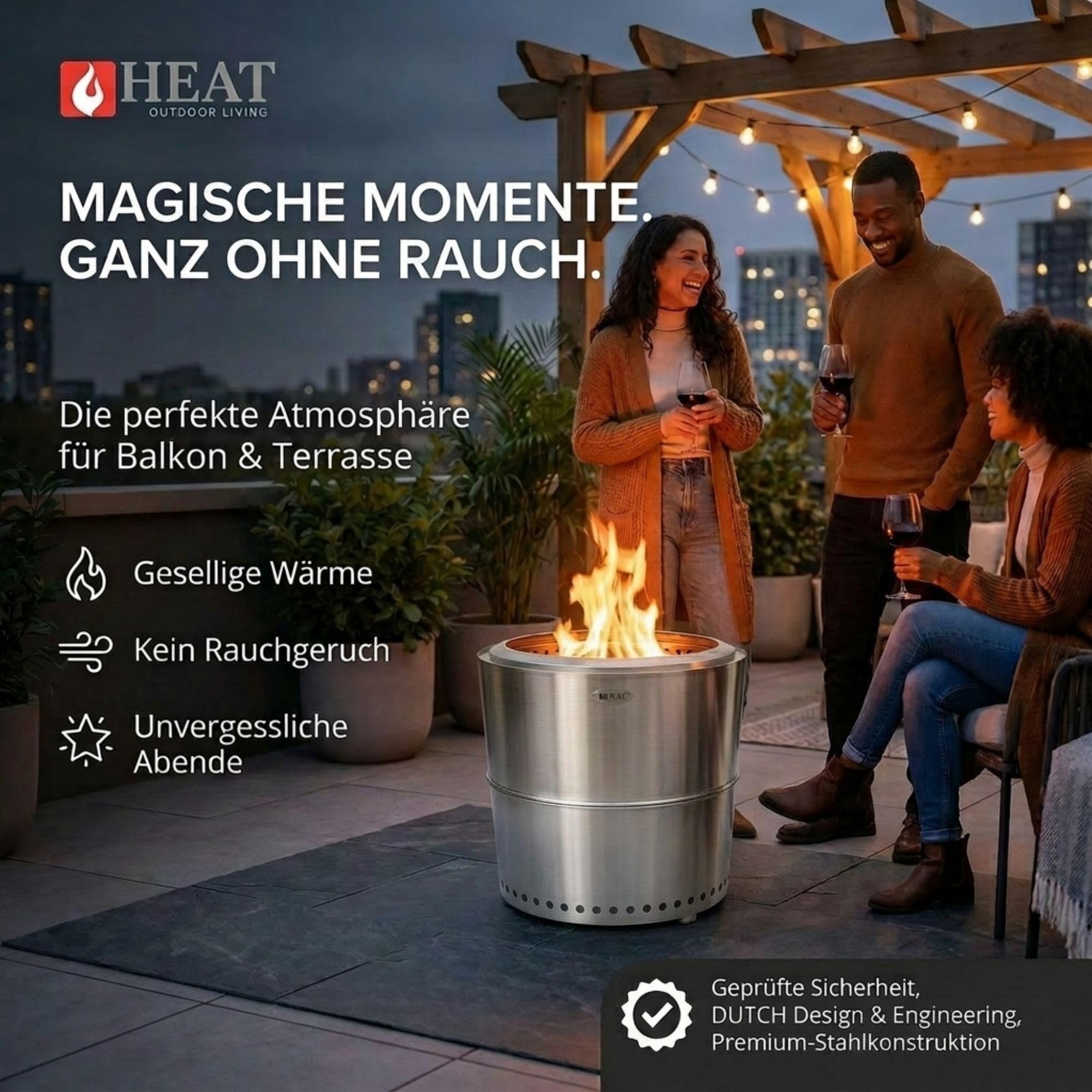 Heat Rokfri Rauchfreier Feuerkorb - Rauchfreie Feuerschale - Feuerstelle 40 cm - Fire Pit Outdoor - 40x40x35cm - Edelstahl