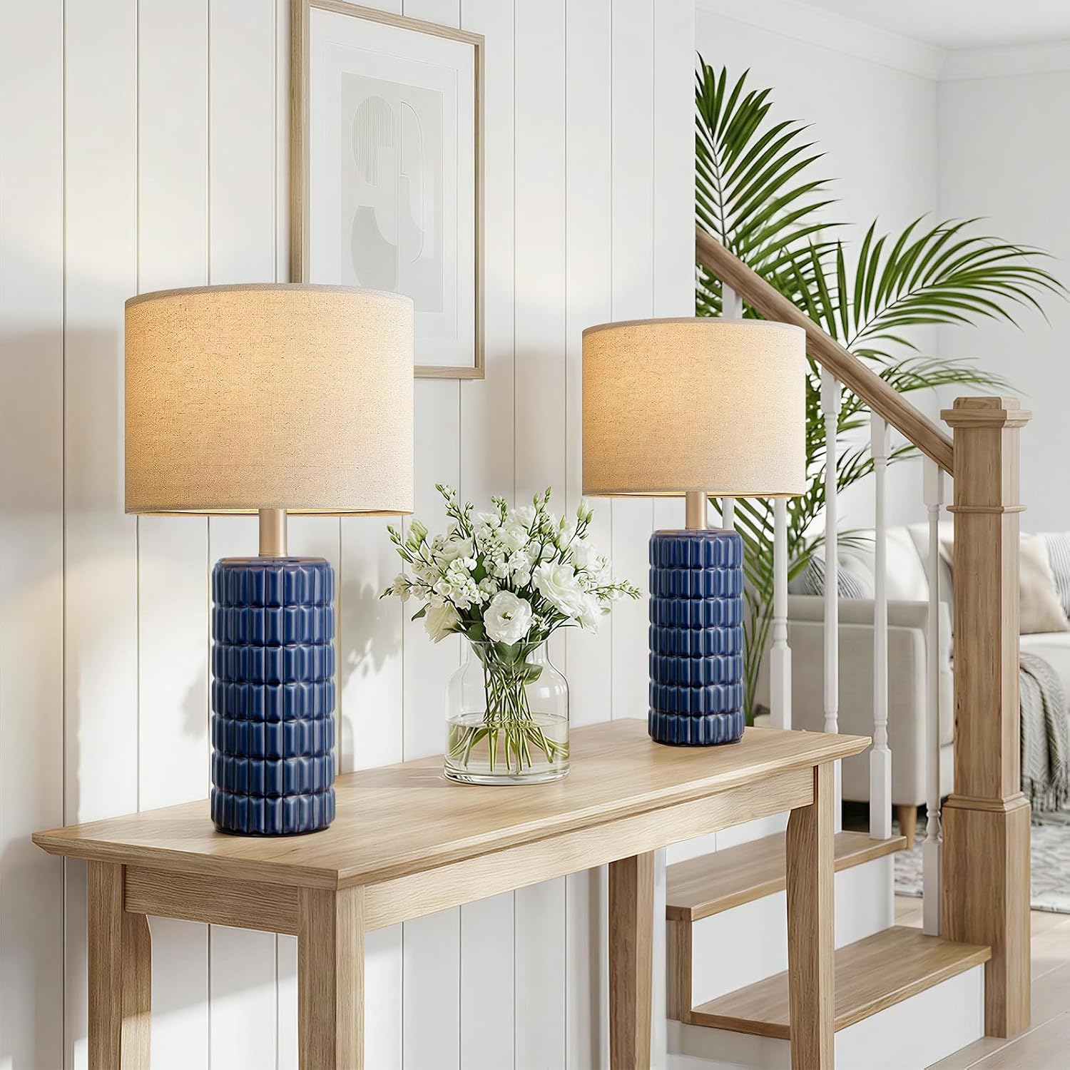 Seealle 23" Modern Ceramic Table Lamps Set of 2, Lamps for Bedroom, Blue image 3
