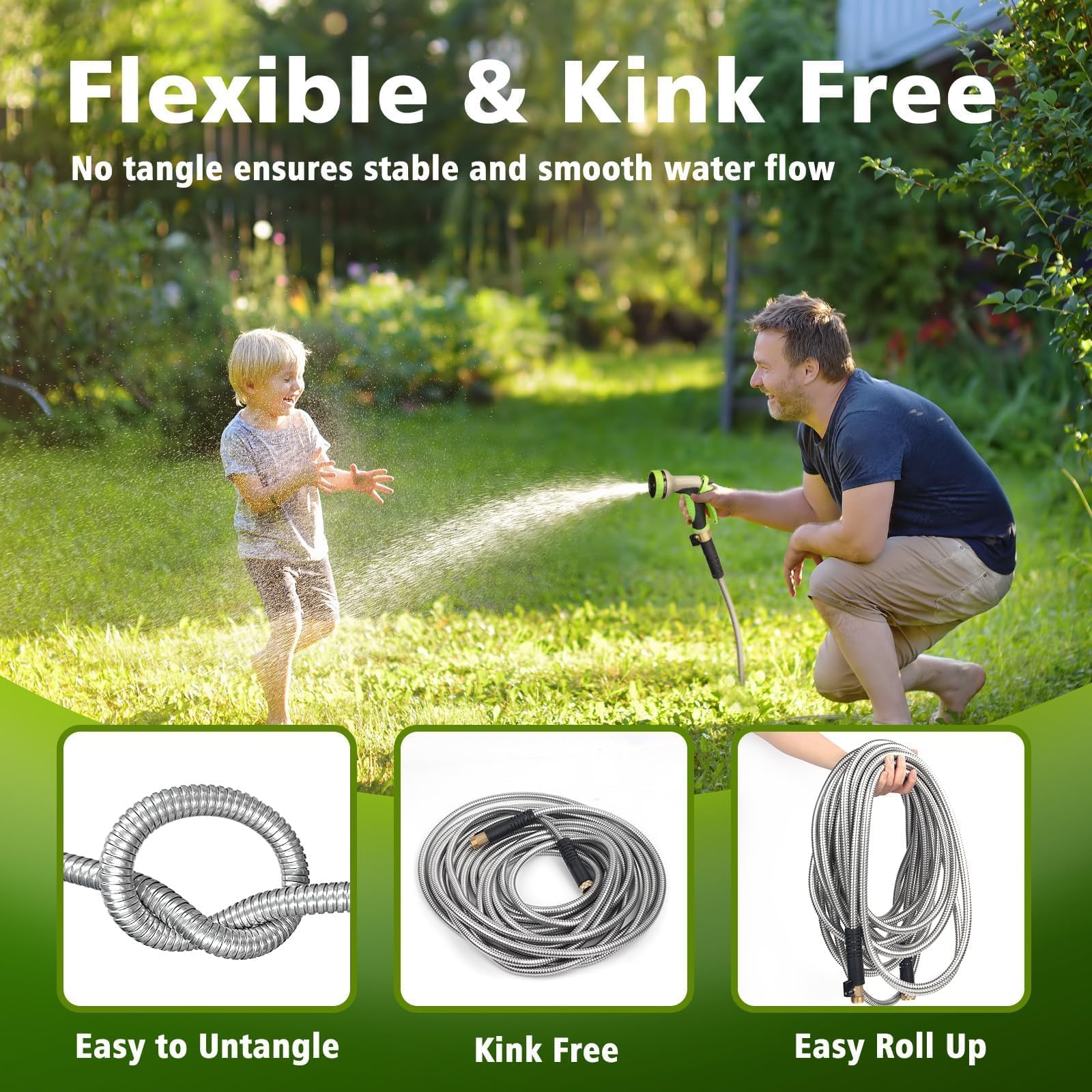 Metall-Gartenschlauch, 30,5 m, Edelstahlschlauch, robust, flexibel, Wasserschlauch mit 10-Wege-Sprühdüse, 3/4-Zoll-Armaturen aus massivem Messing, leicht, kein Knicken, auslaufsicher,