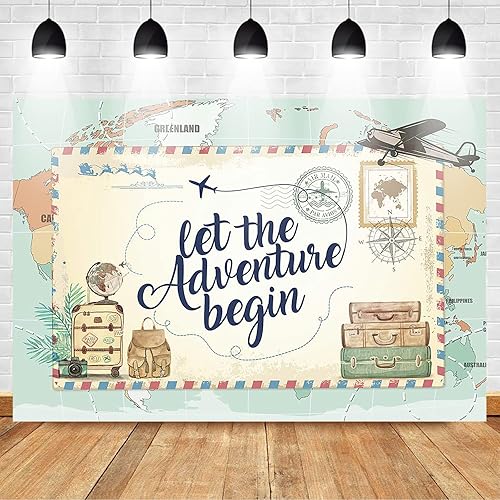 Miniatura 4 de Mocsicka Fondo de 7 x 5 pies con texto en inglés "Let The Adventure Begin", decoración de fiesta de baby shower, mapamundial, mapa mundial, viajes,