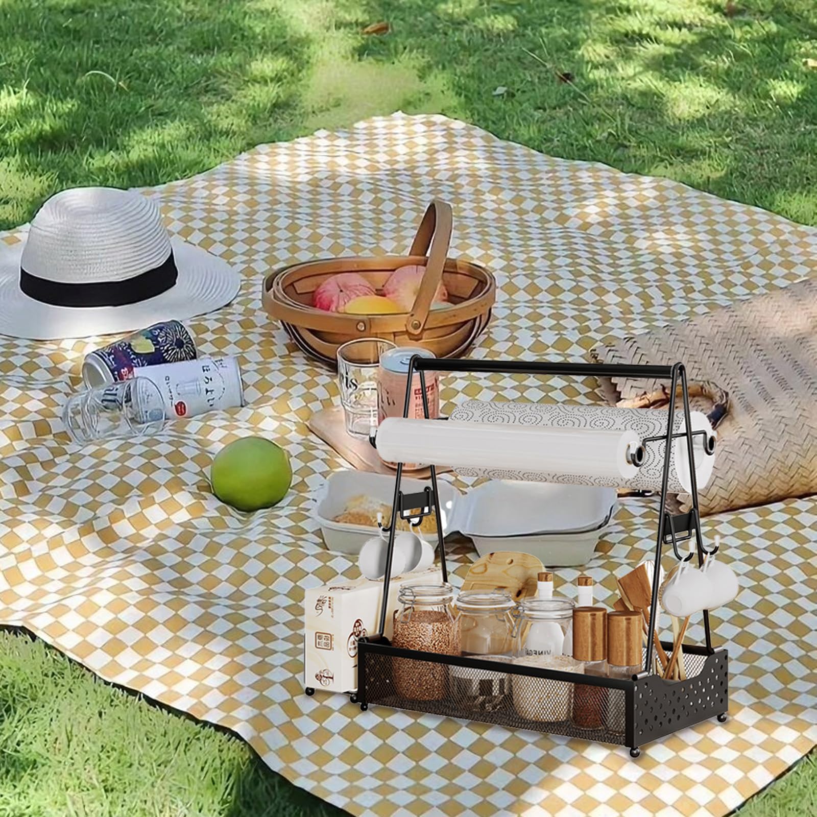 Grill Caddy für Camping,Picknick & Outdoor Edelstahl Campingzubehör Organizer,Schwarz Metall Tassenständer Gewürzregal,Kaffee Organizer Regal mit 4 Haken,Grill Utensilienbehälter