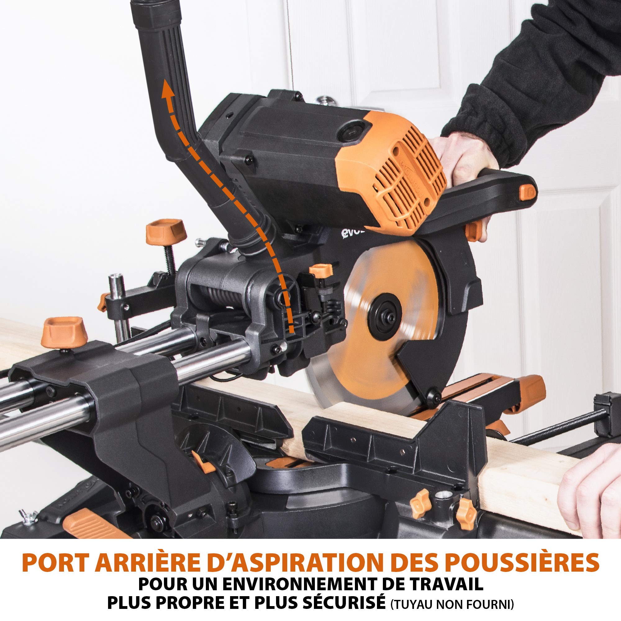 Evolution Power Tools Scie à Onglet Coulissante 255mm R255SMS-DB+ Double Biseau 45-45° Onglet 50-50° Coupe Multi-Matériaux