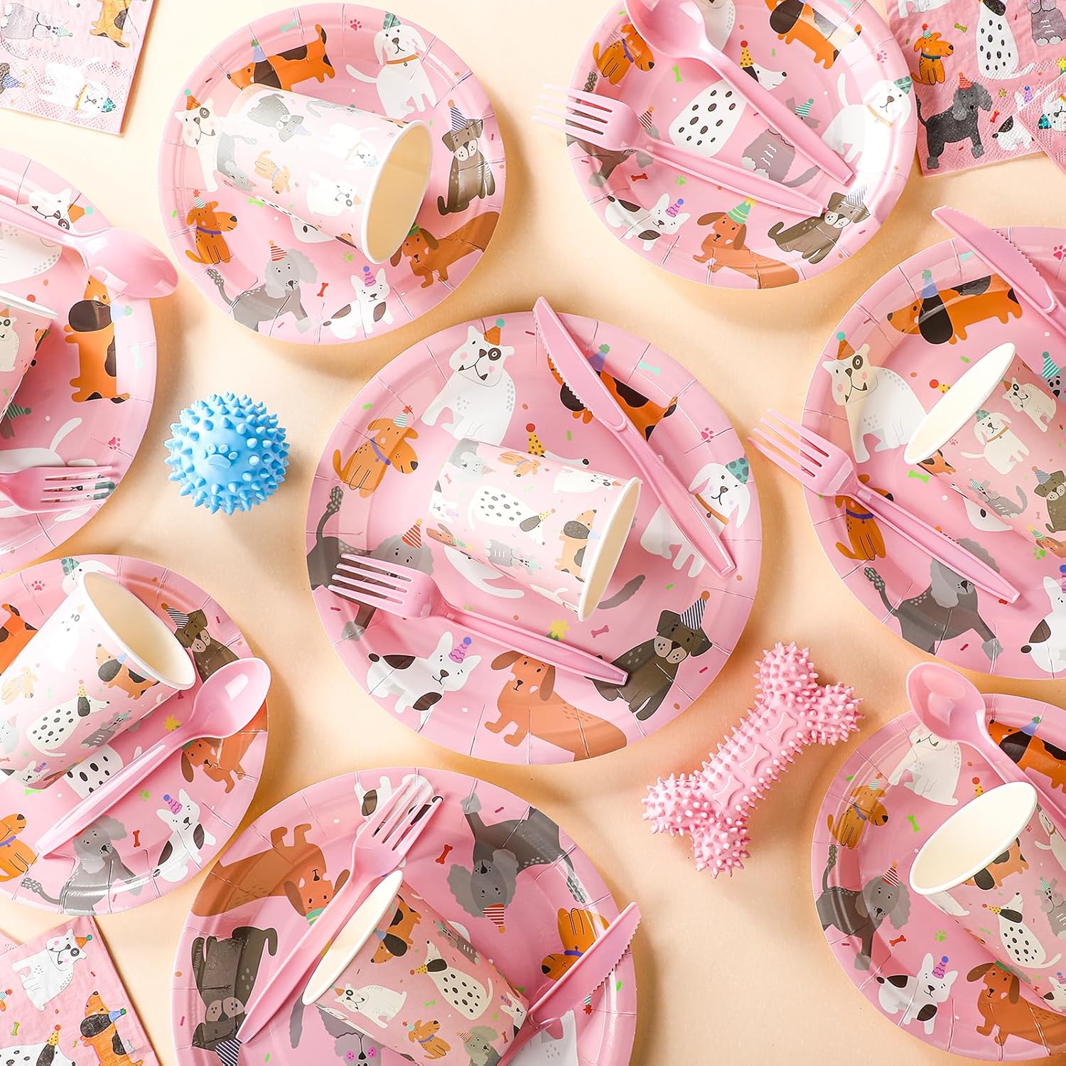 Jinei 350 Pcs Dog Birthday Party Supplies Pink Dog Tableware Set Serves 50 Guests Puppy Birthday Decorations Includes Pink Puppy Plates Cups Napkins Forks Knives Spoons for Party Supplies