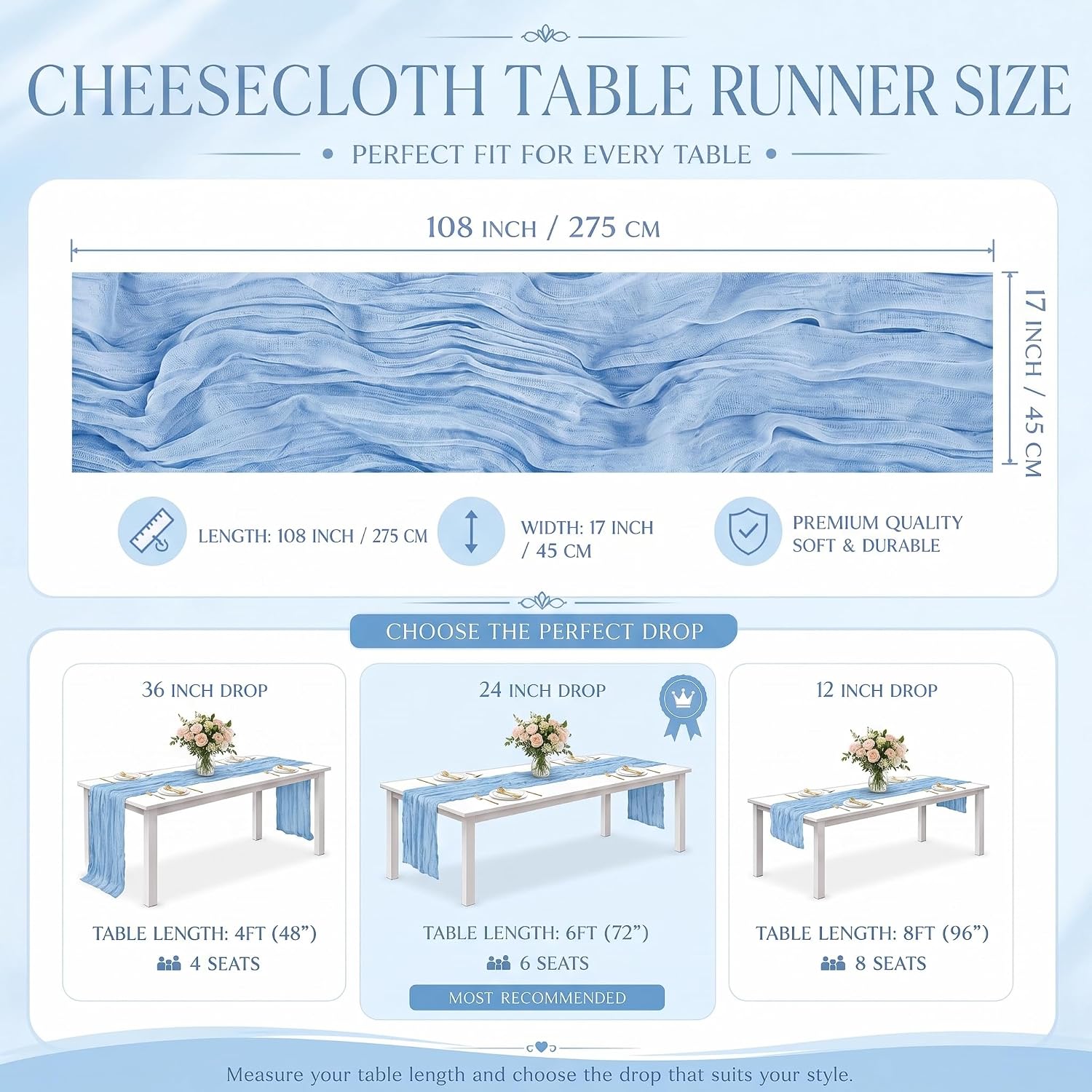 2 Pack Light Blue Cheesecloth Table Runner 17x108 Inch Boho Rustic Semi Sheer Gauze Cheese Cloth Table Runner for Wedding Bridal Shower Baby Shower Party Farmhouse Dining Table Decor