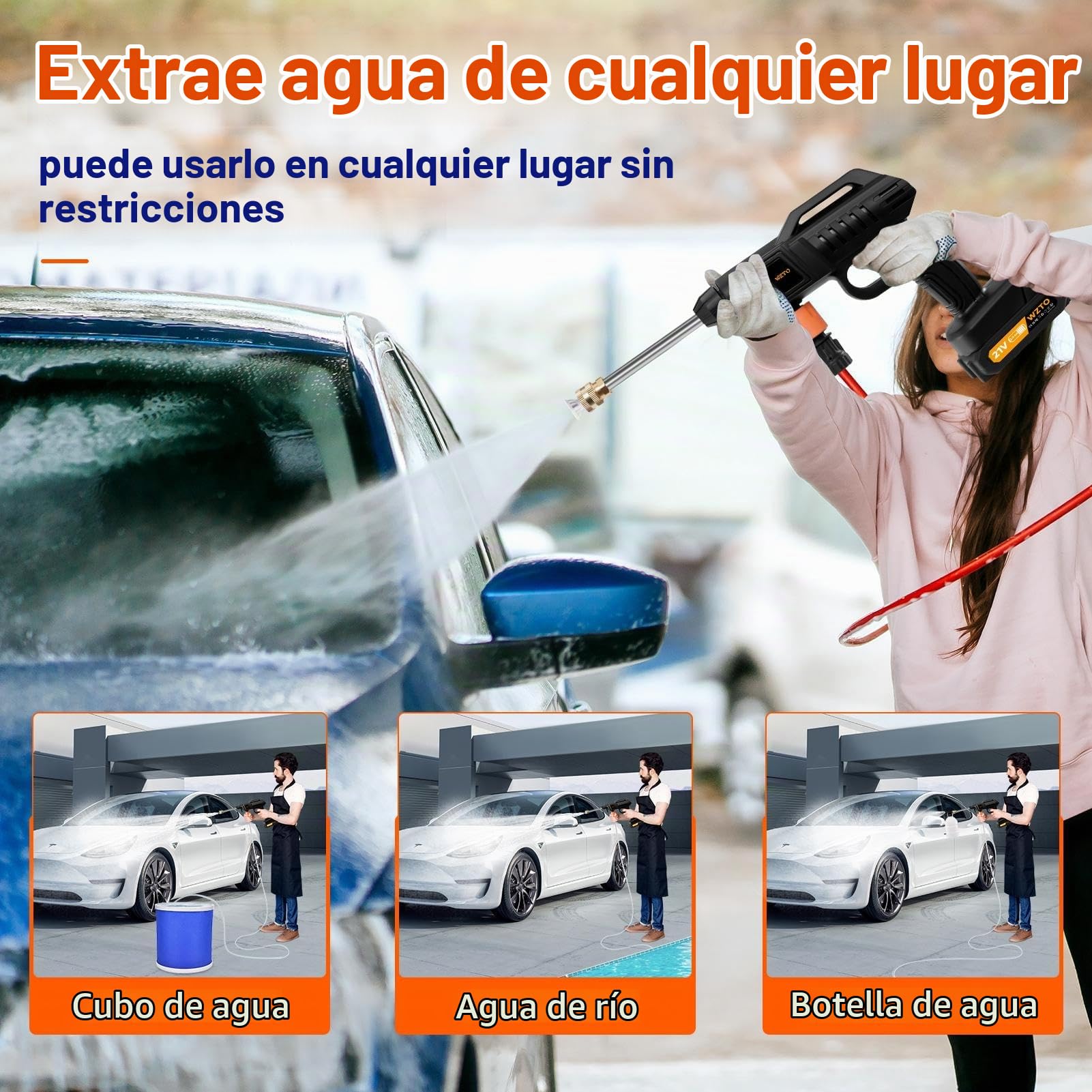 Hidrolimpiadora de Bateria, 1500W Hidrolimpiadora de Alta Presión Portátil, 60Bar/870 PSI Pistola Agua Presion Bateria, con 2 Baterías, 2 Boquillas, Manguera de 5 Metros Press & Clean Pistola Lavado.