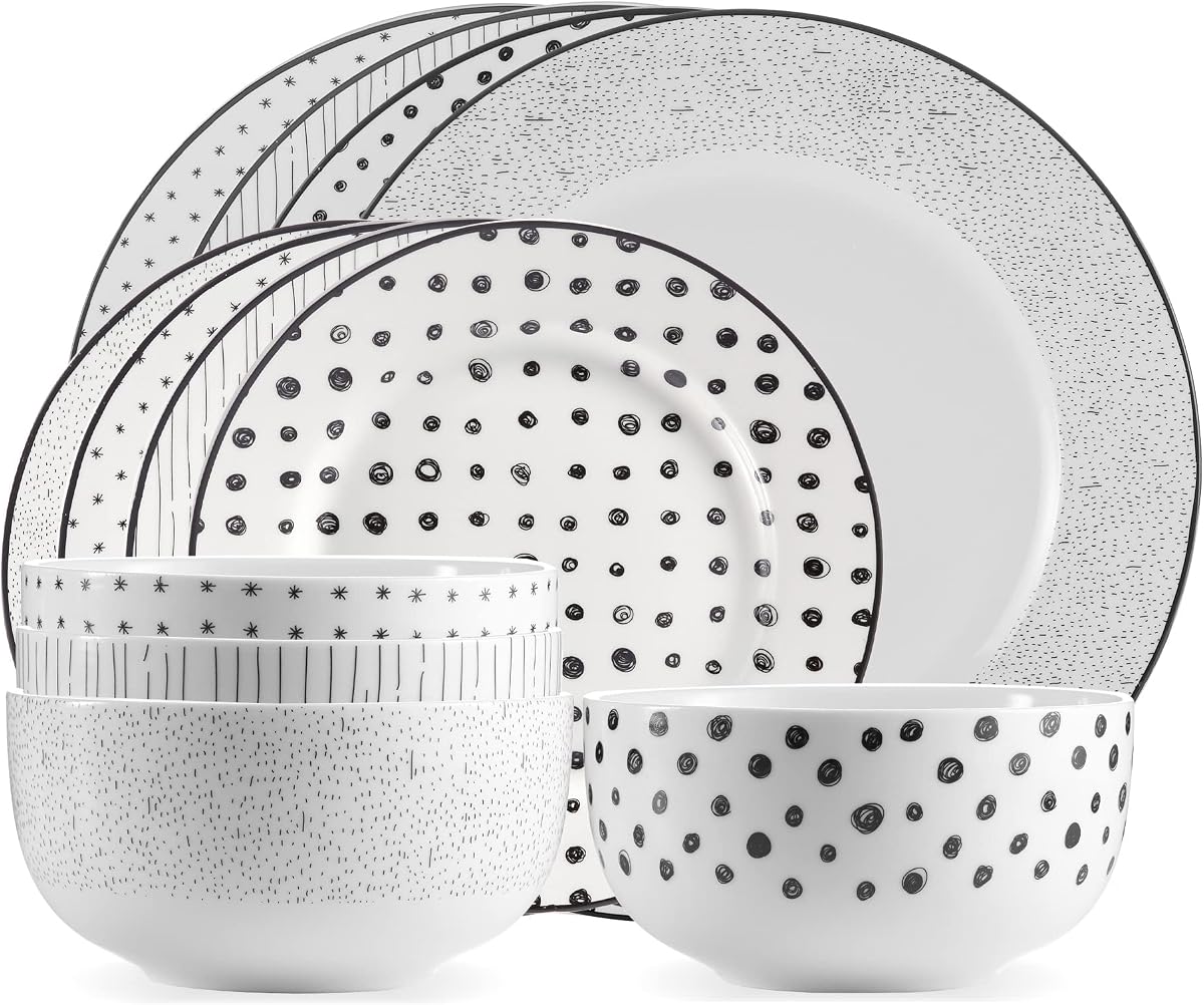 Safdie & Co. 12-Piece Black & White Sketch Dinnerware Set, Porcelain, Includes Plates, Bowls, and Serving Dishes, Dishwasher Safe