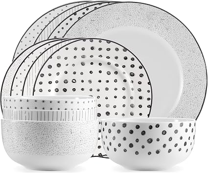 Safdie & Co. 12-Piece Black & White Sketch Dinnerware Set, Porcelain, Includes Plates, Bowls, and Serving Dishes, Dishwasher Safe
