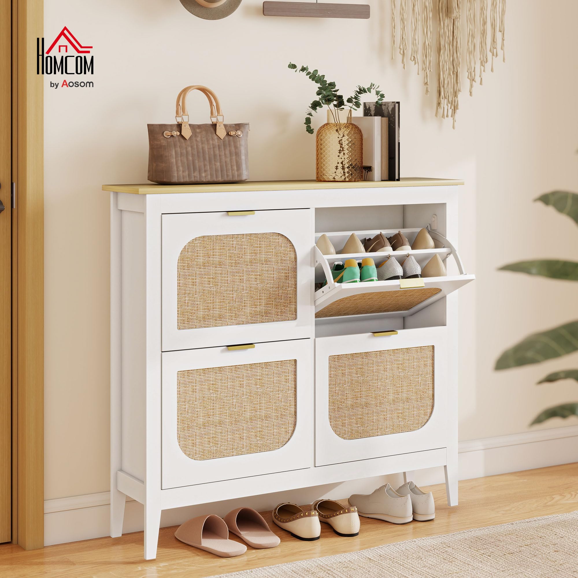 HOMCOM Zapatero Estrecho con 4 Puertas de Ratán Zapatero Entrada Recibidor con Estantes Ajustables para 20 Pares de Zapatos 105x24x95,5 cm Blanco