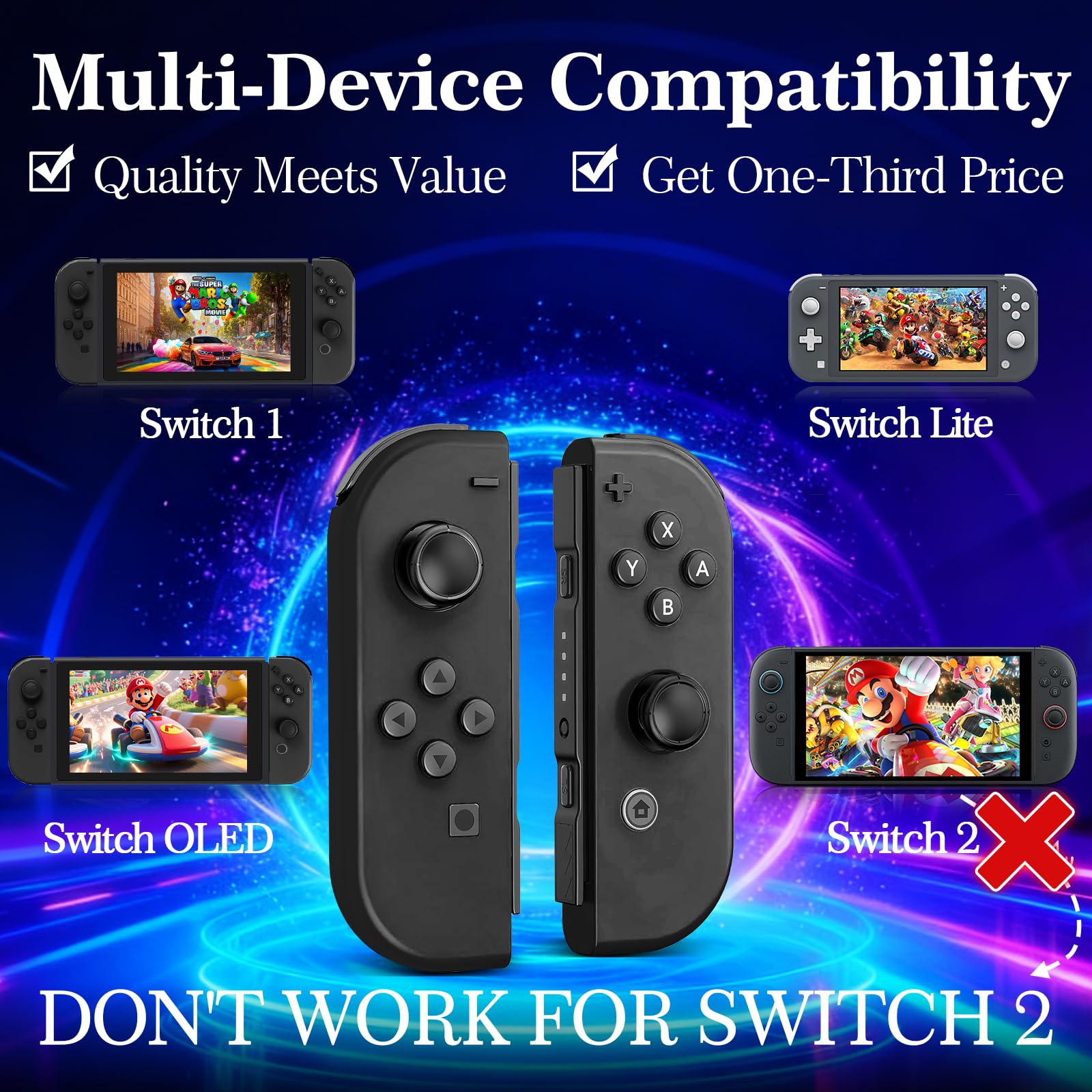 Ninconrep Control for Switch Controllers, Wireless Joy Remote for Switch 1 OLED Lite, Anti Drift Hall Effect Joysticks, Extra Cons One Black Controls Value Bundle (Not Official) — view 2