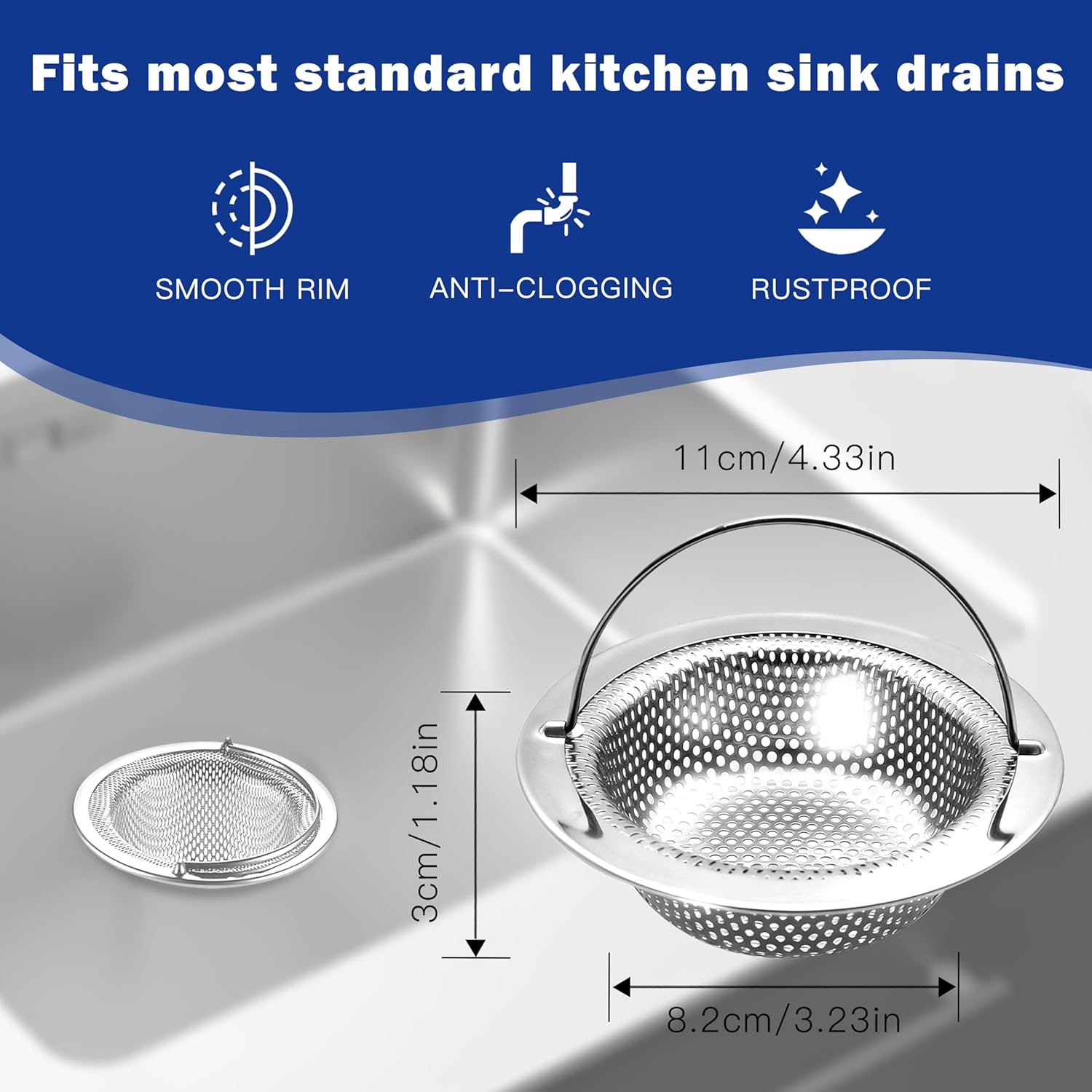 2 Pack Kitchen Sink Drain Strainer with Handle, Universal Stainless Steel Food Catcher Basket, Rust Free, Fits Most Kitchen Sinks
