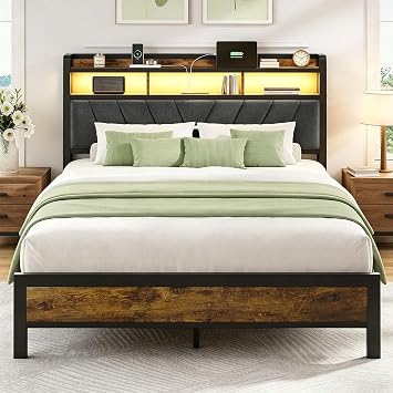 Welzona Queen Size Bed Frame with Charging Station, LED Bed with Upholstered Storage Headboard, Solid and Stable, Noise Free, No Box Spring Needed, Easy Assembly, Vintage Brown