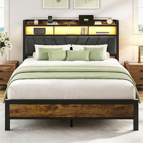 Welzona Queen Size Bed Frame with Charging Station, LED Bed with Upholstered Storage Headboard, Solid and Stable, Noise Free, No Box Spring Needed, Easy Assembly, Vintage Brown