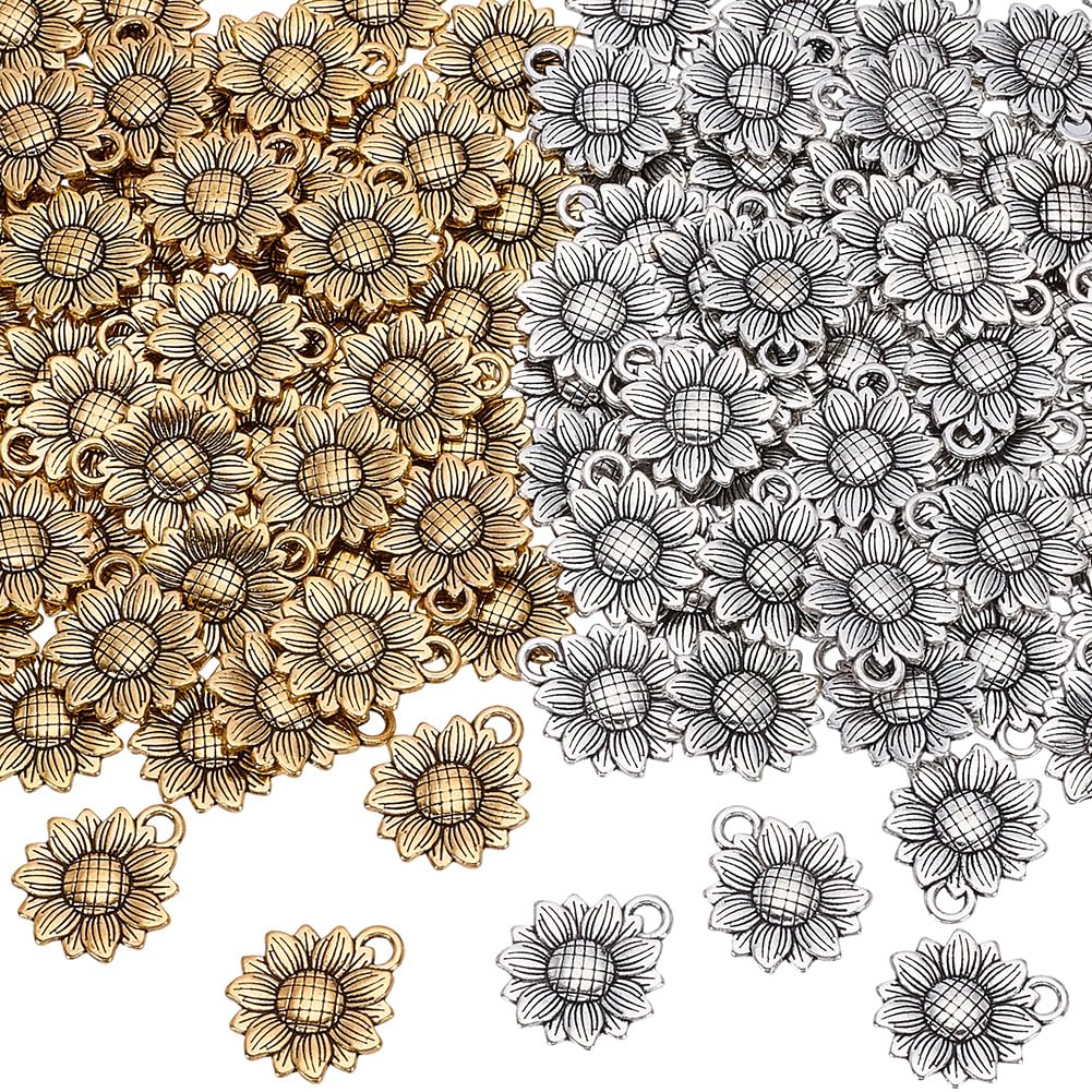 SUNNYCLUE 120Pcs 2 Colors Silver Sunflower Charms Bulk Flower Shaped Charms Tibetan Antique Gold Metal Alloy Spring Summer Daisy Pendants for Jewellery Making Earring Necklaces Bracelet Key Chain