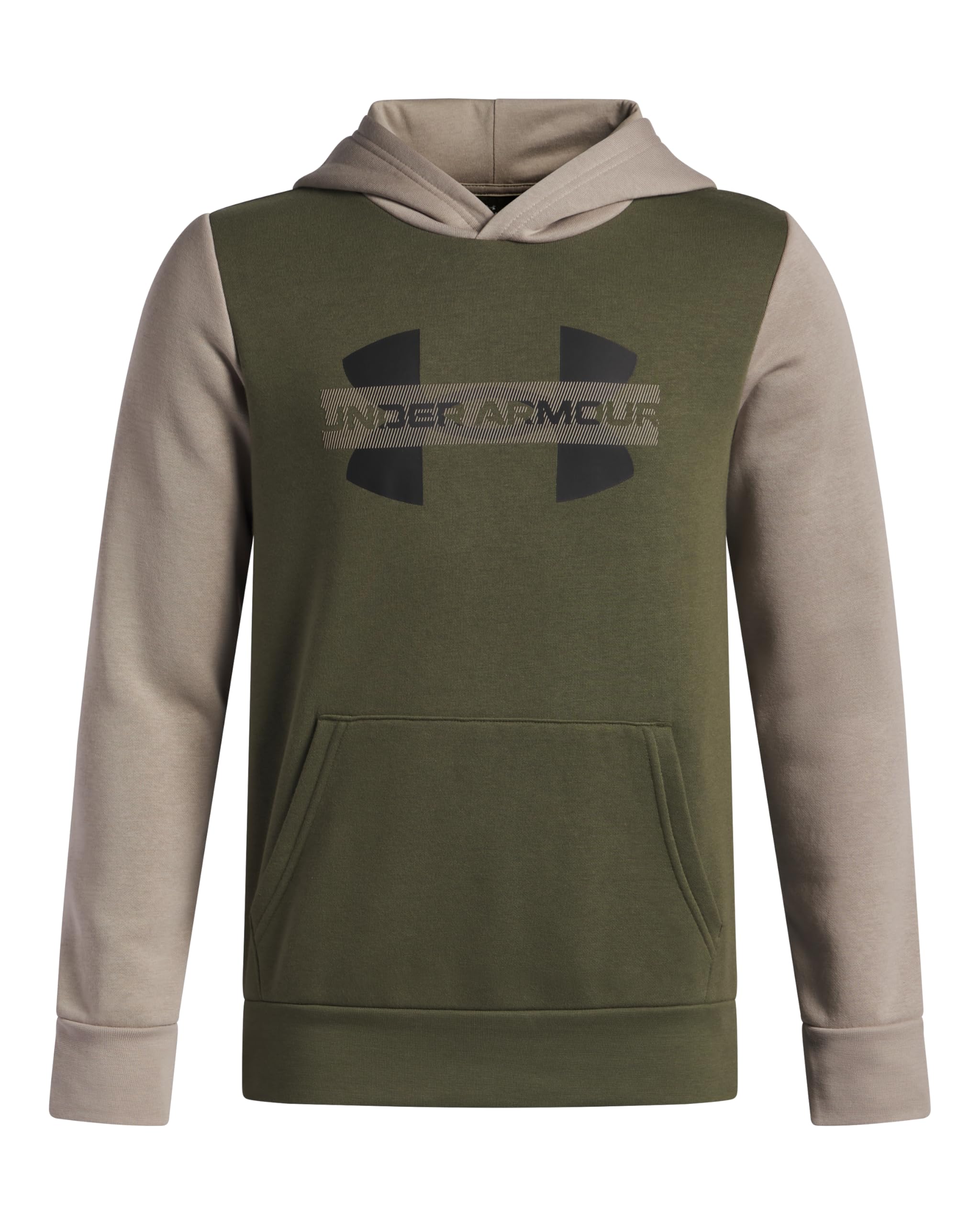 Under Armour Boys' Rival Fleece Colourblock Graphic Hoodie, Comfortable and Warm Boys' Hoodie with Raglan Sleeves, Hooded Top for Sports and Casual Wear,Marine OD Green/Timberwolf Taupe/Black,YLG