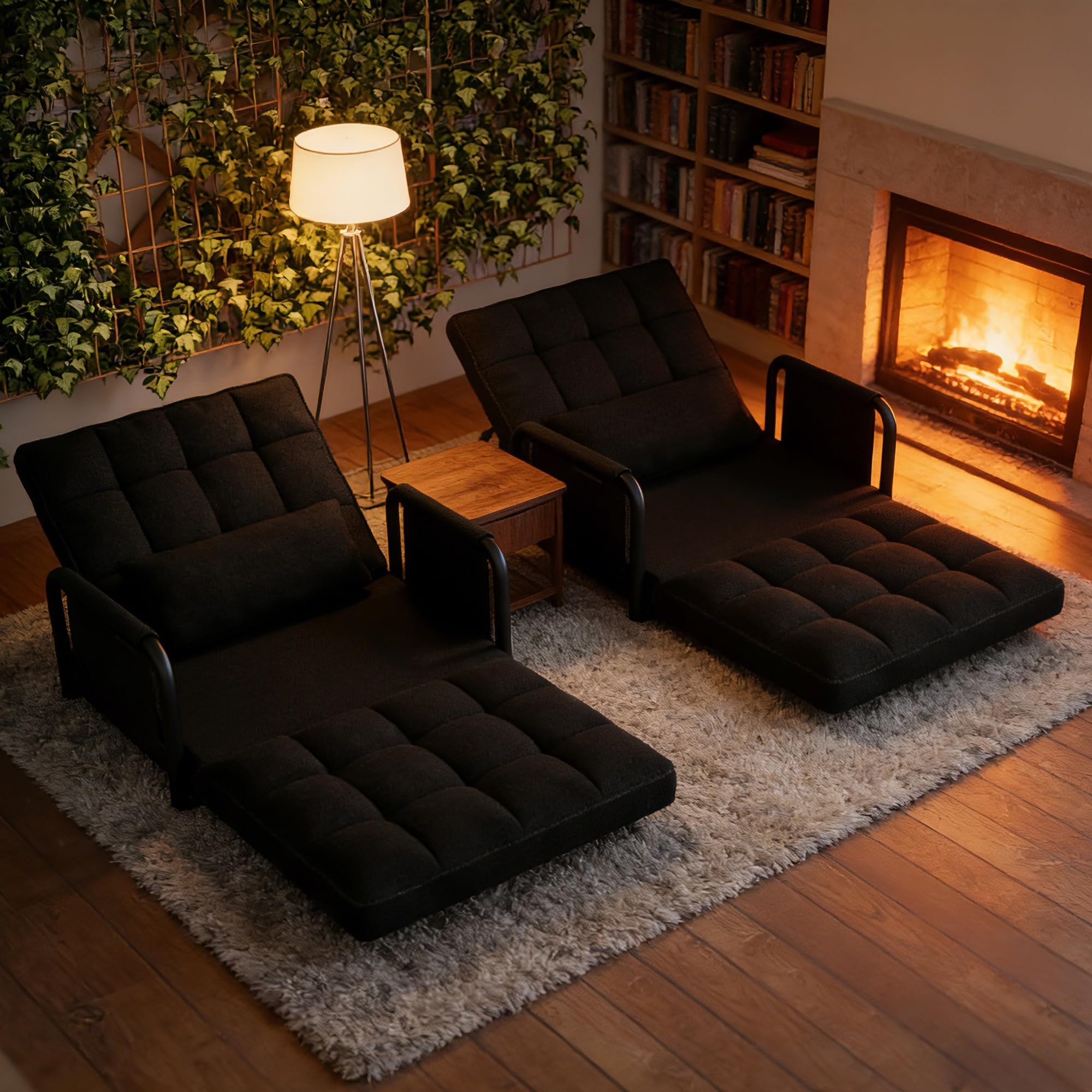 Składana sofa do spania 2 w 1, fotel do spania z poduszką i kieszenią boczną, regulowany fotel składany z funkcją łóżka (czarna tkanina jagnięca, 82 cm x 73 cm/180 cm x 55 cm/15 cm)