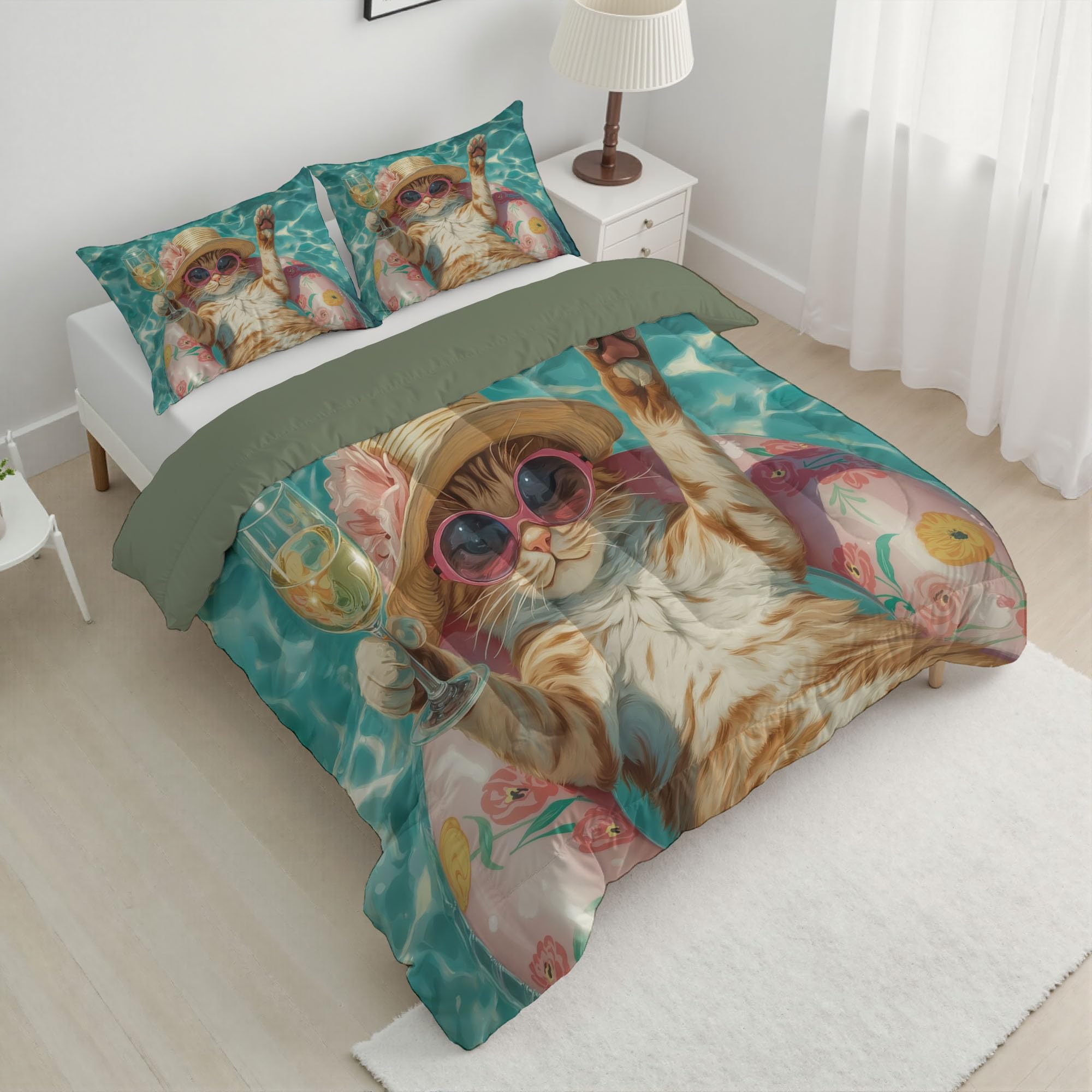 Edredon Cama 135/150 Piscina Gato Naranja Estampado Infantil, Edredón Nórdico 4 Estaciones 240x220cm, Colcha Transpirable De Microfibra Lavable Luz Solar Abstracto Animales, 2 Fundas De Almohada
