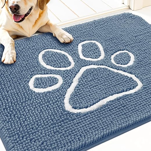 OLANLY Dog Door Mat for Muddy Paws 32x20, Paw Print Design, Absorbs Moisture and Dirt, Non-Slip Washable Doormat, Quick Dry Chenille Mud Mat, Entry Indoor Entryway Carpet, Airy Blue and White