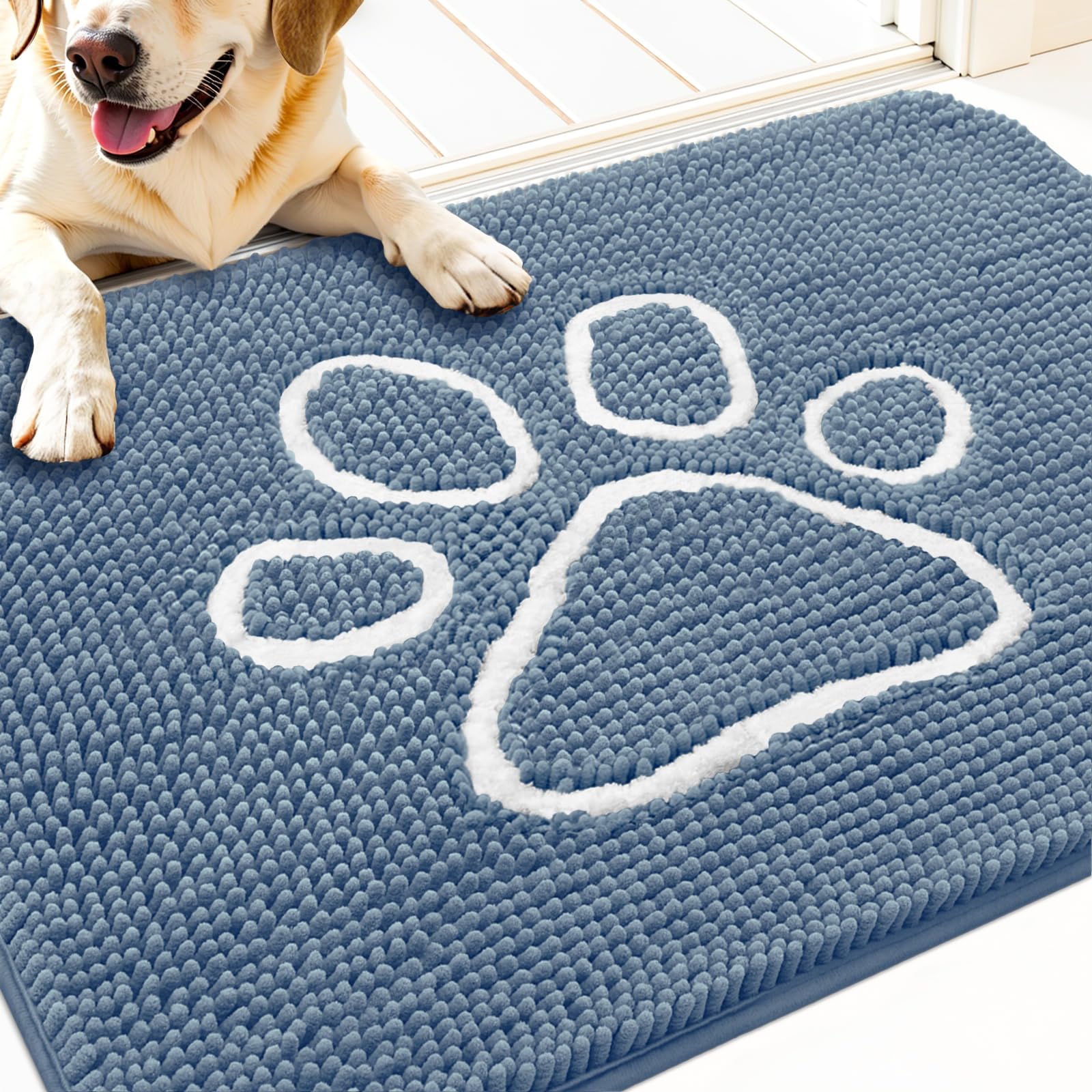 OLANLY Dog Door Mat for Muddy Paws 32x20, Paw Print Design Chenille Mud Mat