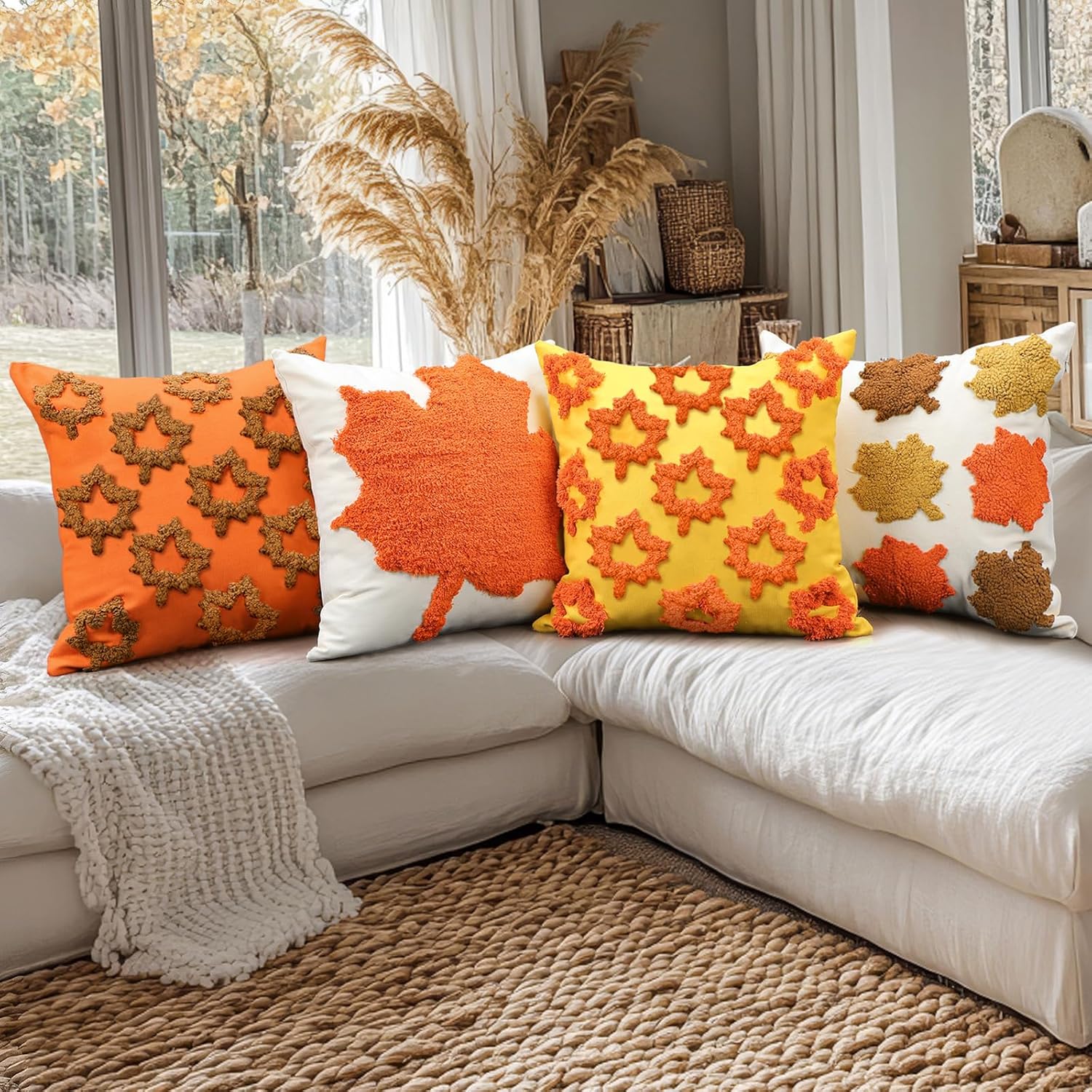 4 Pcs Fall Pillow Covers 18 x 18 Inch Maple Leaf Throw Pillow Covers Square Linen Pillowcase Halloween Decor Seasonal Autumn Thanksgiving Harvest Decoration for Home Sofa Couch Fall Maple Leaf