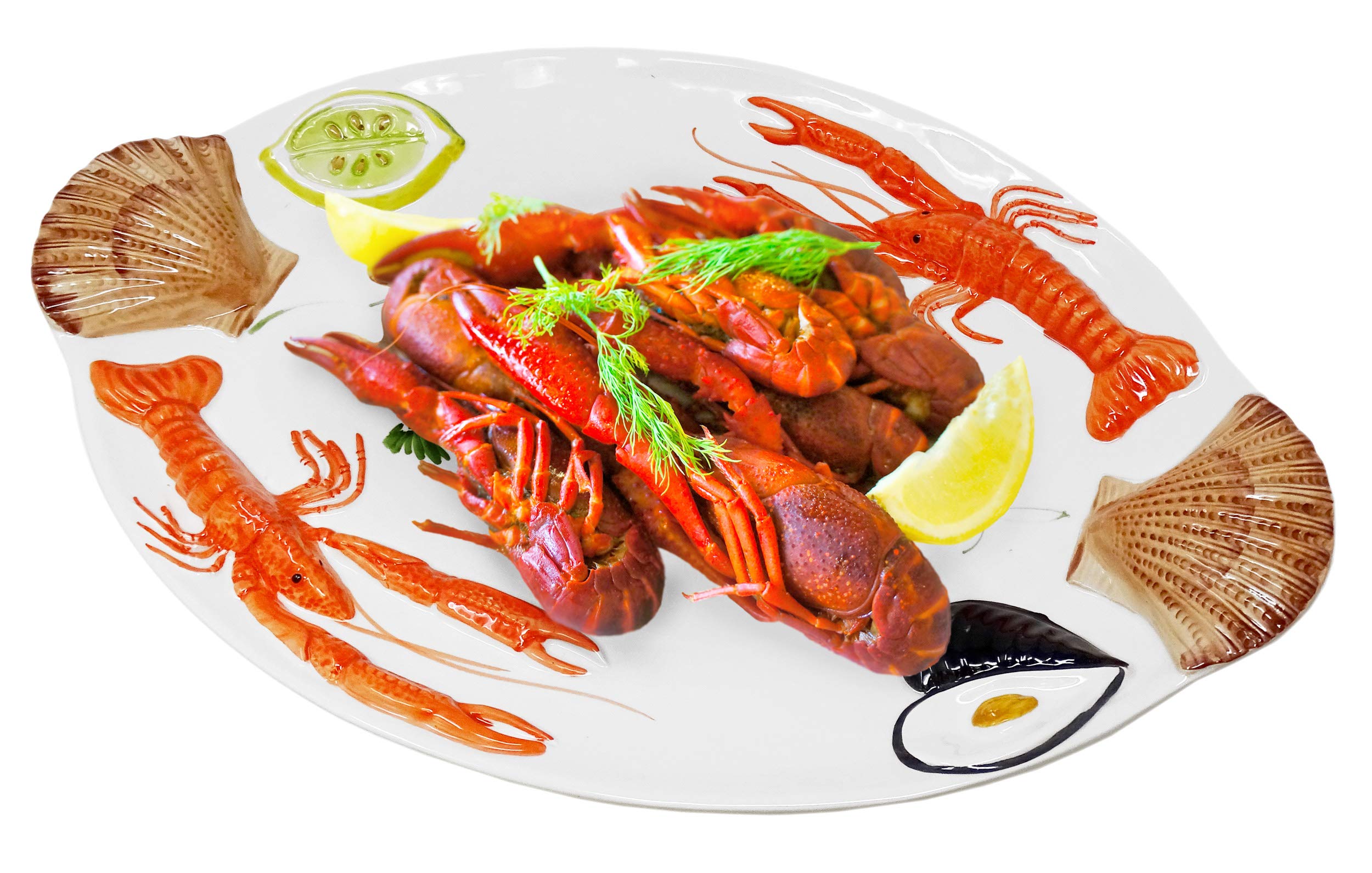 Lashuma Piatto da Portata Ovale Fatto a Mano in Ceramica Italiana a Forma di Frutti di Mare, Grande Piatto da Portata 50 x 32 cm