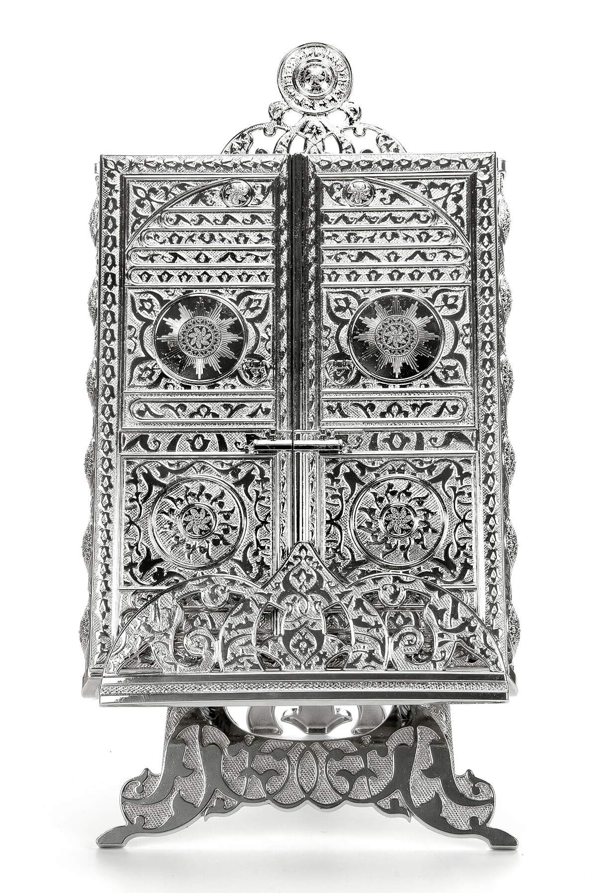 Islamskie metalowe pudełko Koranowe ze stojakiem, motyw drzwi Kaaba, islamskie dekoracje do domu, muzułmańskie dekoracje domu i stołu, idealne prezenty muzułmańskie, kolor: Srebro