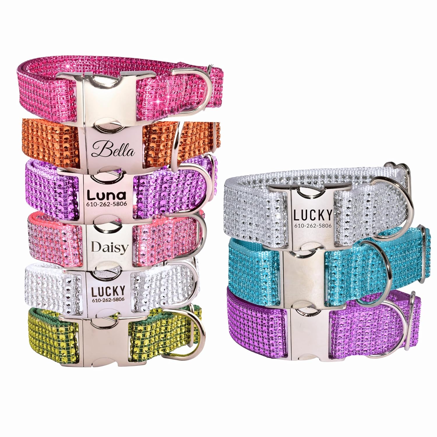 Sparkling Rhinestone Bling Dog Collar, Engraved Buckle & Leash Options, Large Sparkle Jeweled Dog Collars for Girls, Handmade USA, Personalized Dog Collar for Puppies Small-Medium-Giant Dogs Breeds (Medium 1 1/2 x 12-19")