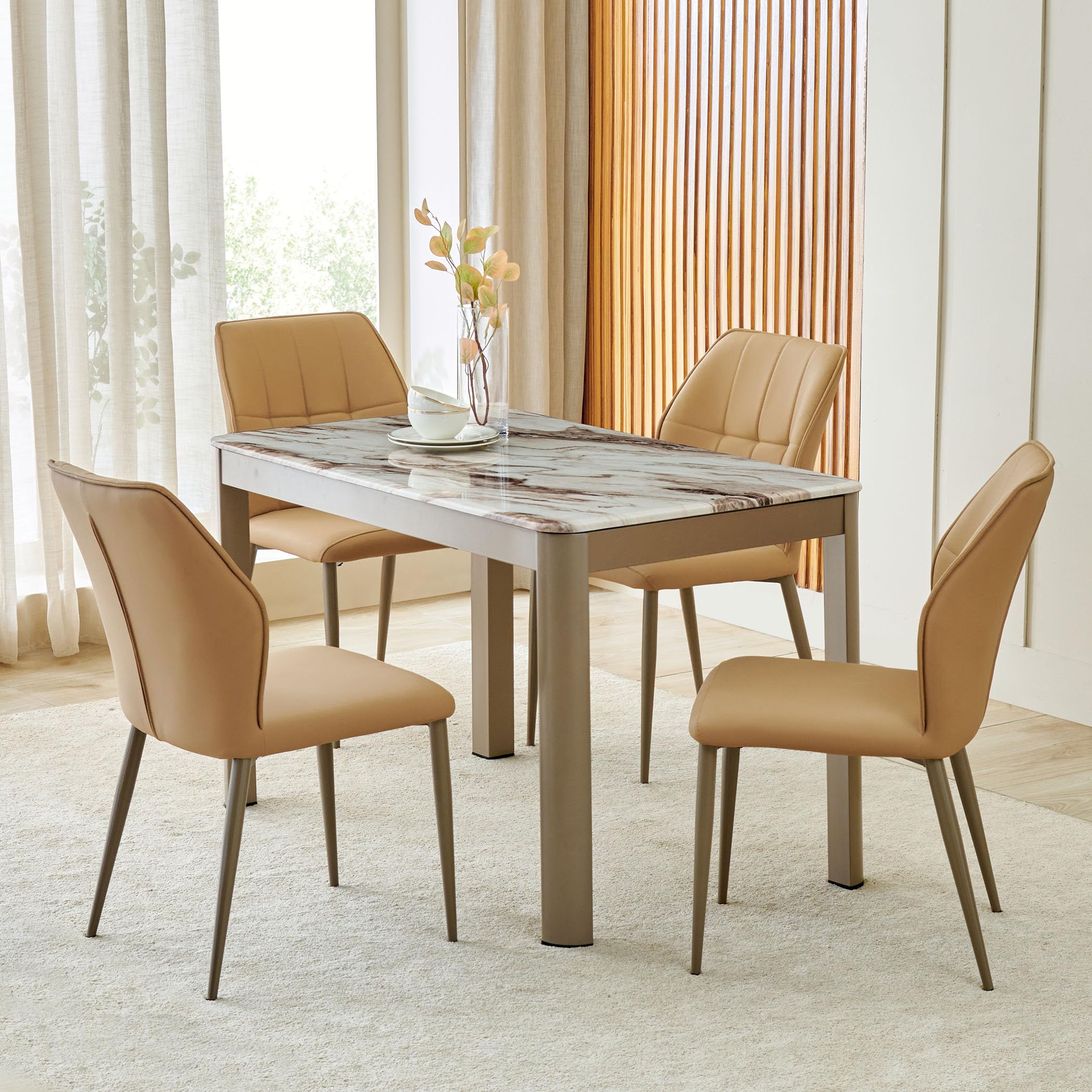 Home Centre Glam Faux Marble Top 4-Seater Dining Set with Chairs - Beige | Faux Marble | Beige-image-20