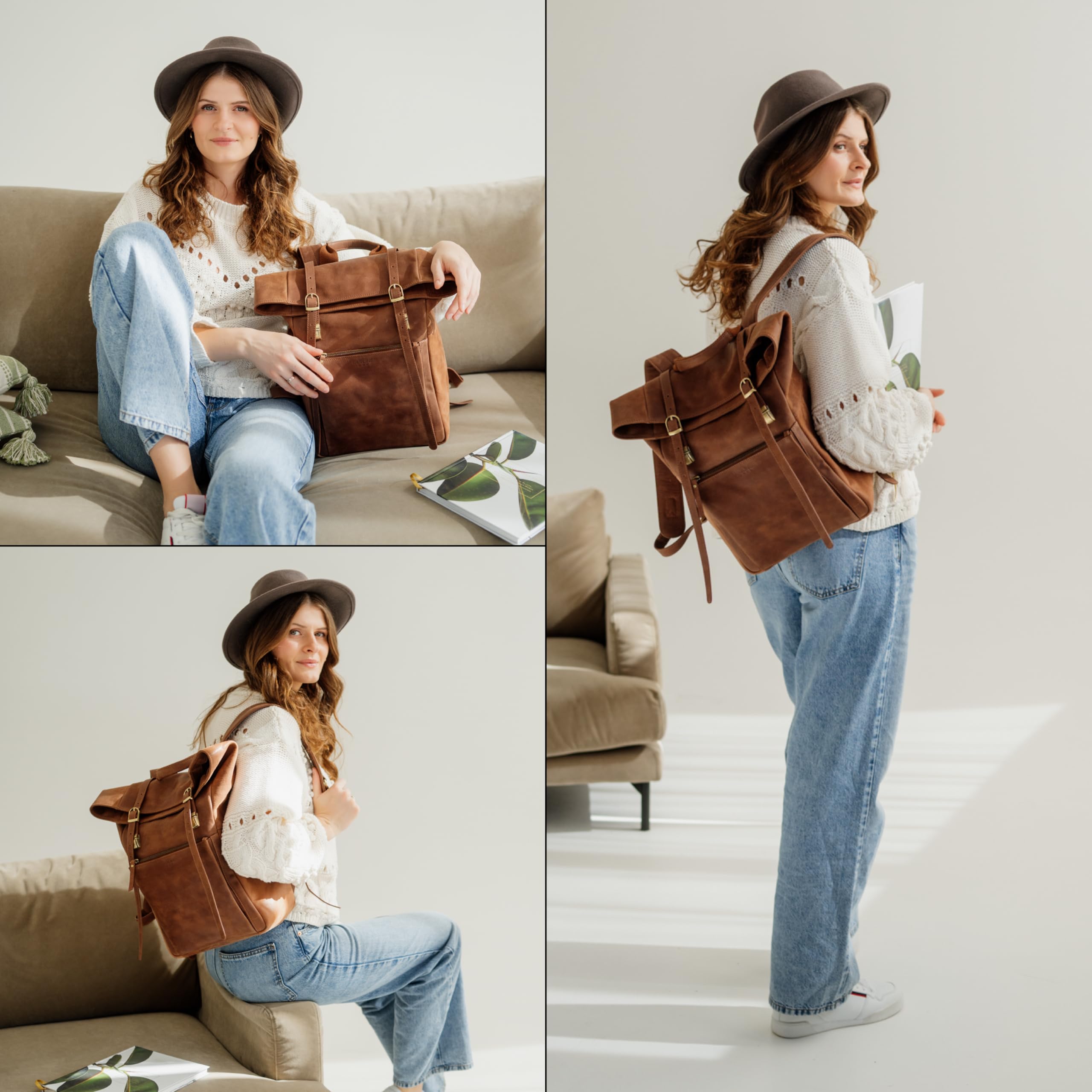Berliner Bags Mochila de Piel Lille, Mochila Rolltop Impermeable con Compartimento para Portátil de 15”, para Hombre y Mujer - Marrón