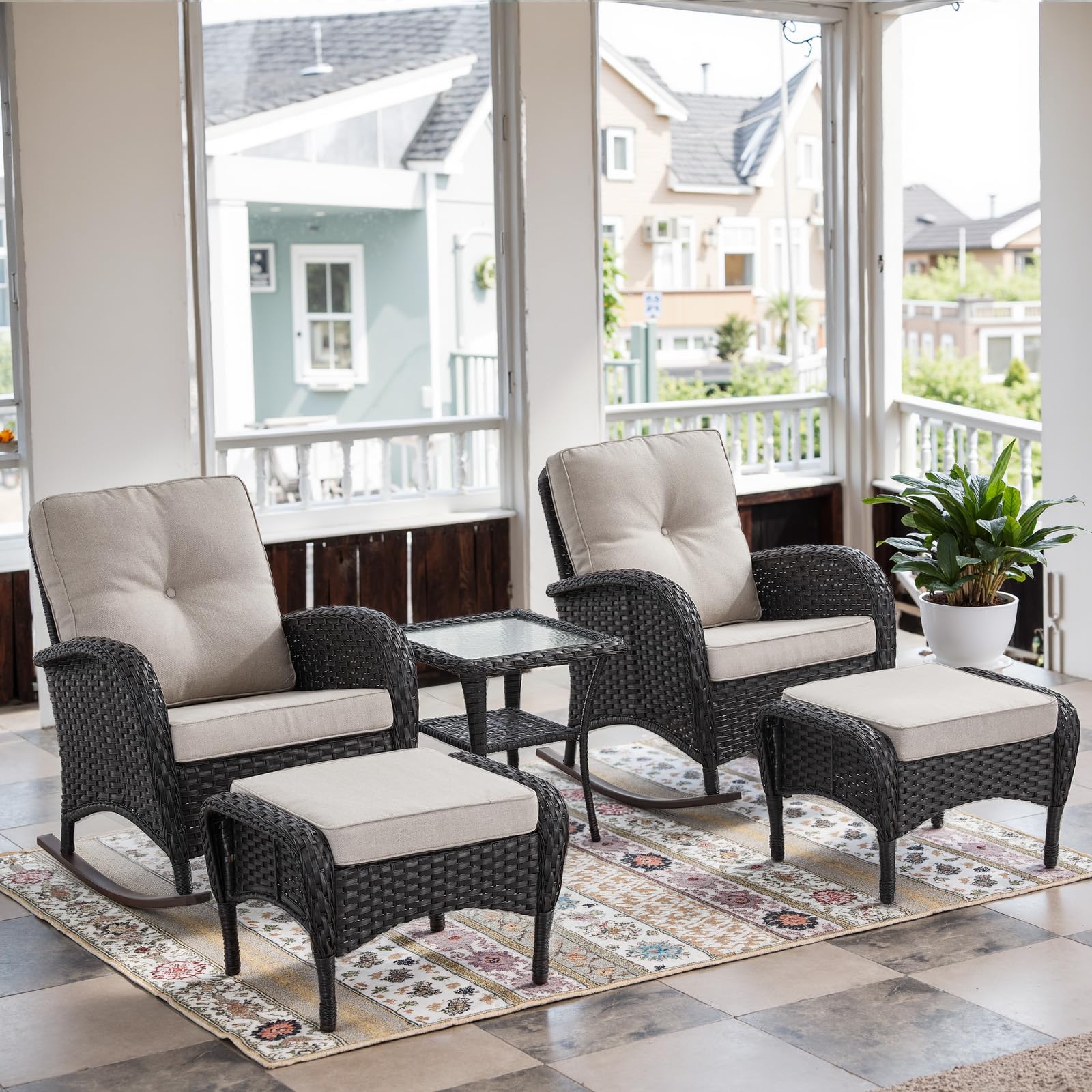 Belord Patio Rocking Chairs Furniture Set - 5 Piece Outdoor Wicker Furniture Sets with Ottomans, Small Patio Conversation Sets with Wicker Rocking