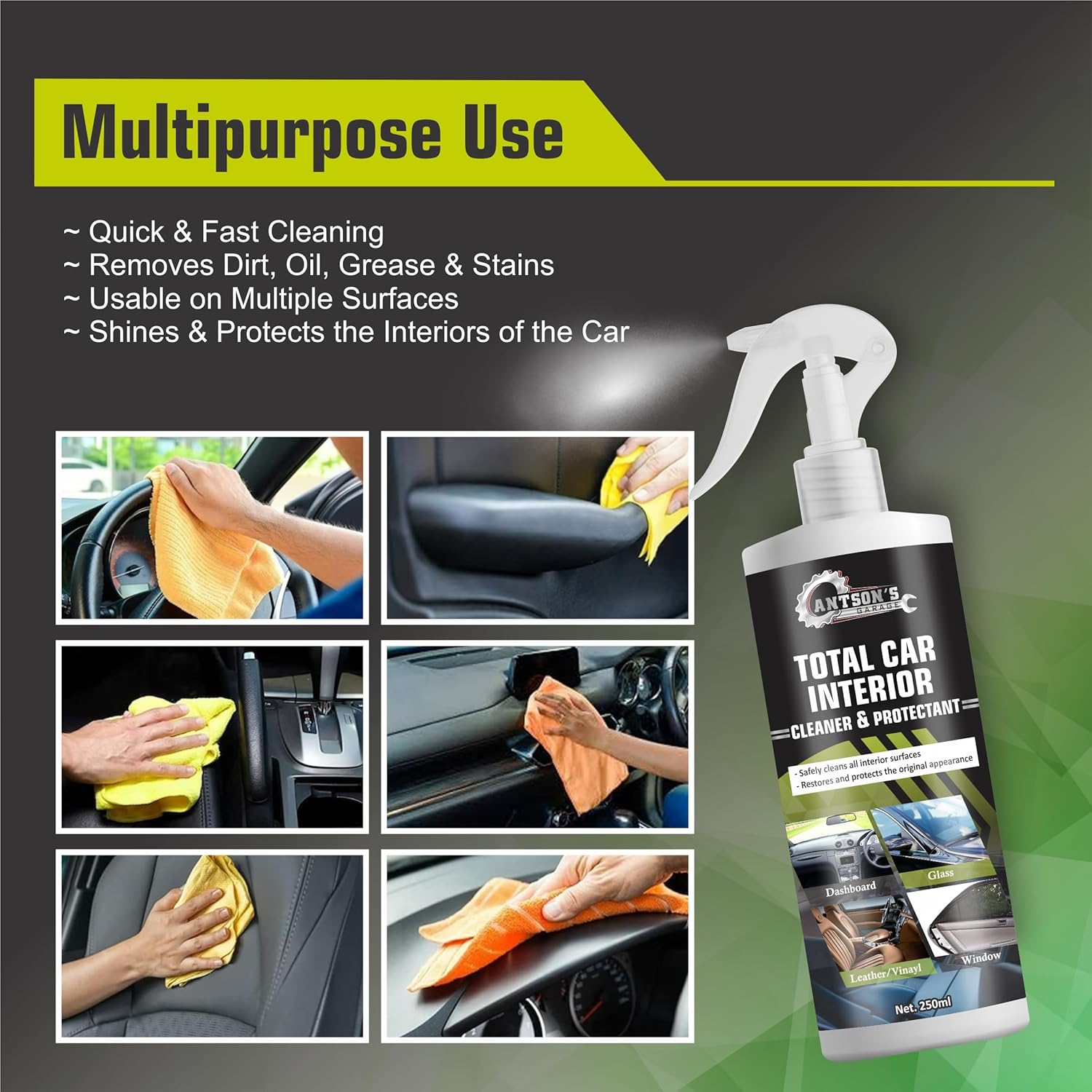 Antson Car Interior Cleaner and Protectant | Safe As a Car Seat Cleaner and for All Interior Surfaces Including Leather and Fabric | Infused UV Blockers Protect from Fading (250 ML Interior Cleaner)