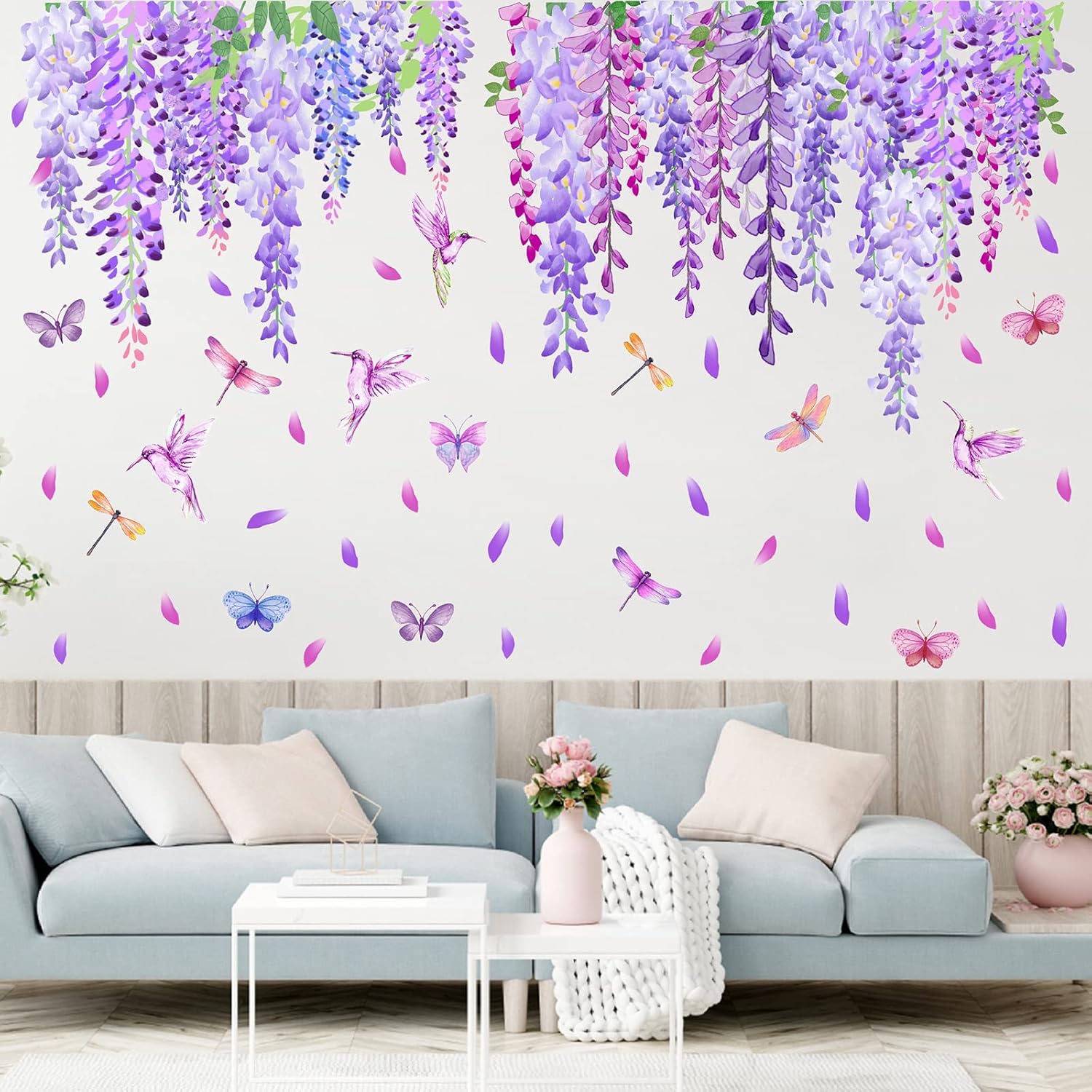 Flower Vine Wall Stickers Summer Purple Flowers Window Wall Stickers Floral Wisteria Window Decals Garden Flower Decal Hanging Flowers Stickers for Bedroom Living Room Decor